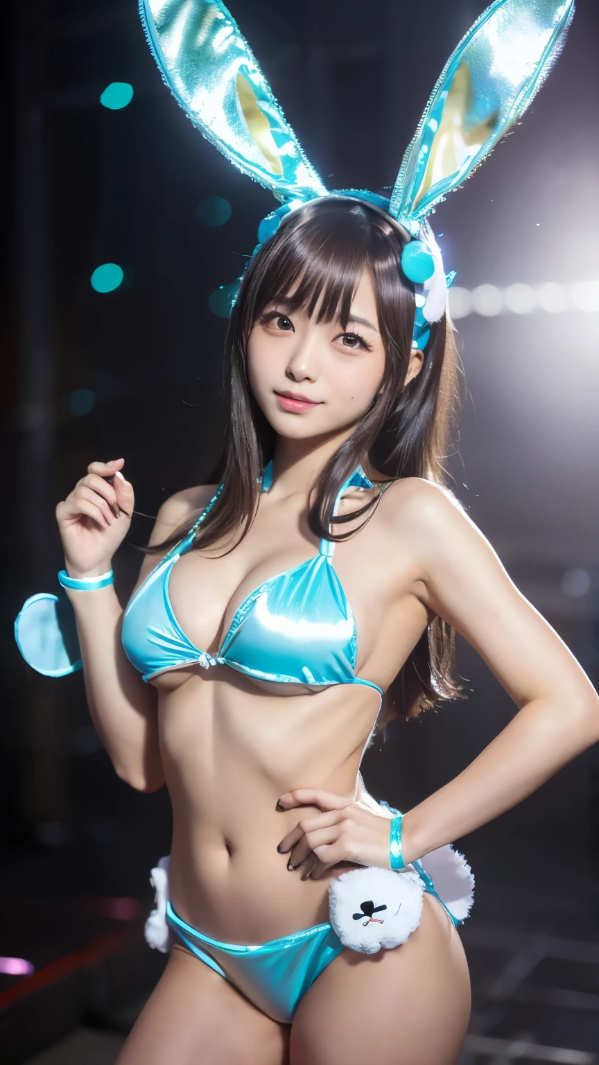 Masterpiece, 4K, bokeh, (Japanese idol:1.6), Beautiful high school girl, Blushed face,
(Shiny bikini:1.4), (Bunny ears:1.4), (Bunny costume:1.6), looking at the viewer, cowboy shot, holding cats in both hands, (Shiny background :1.4),