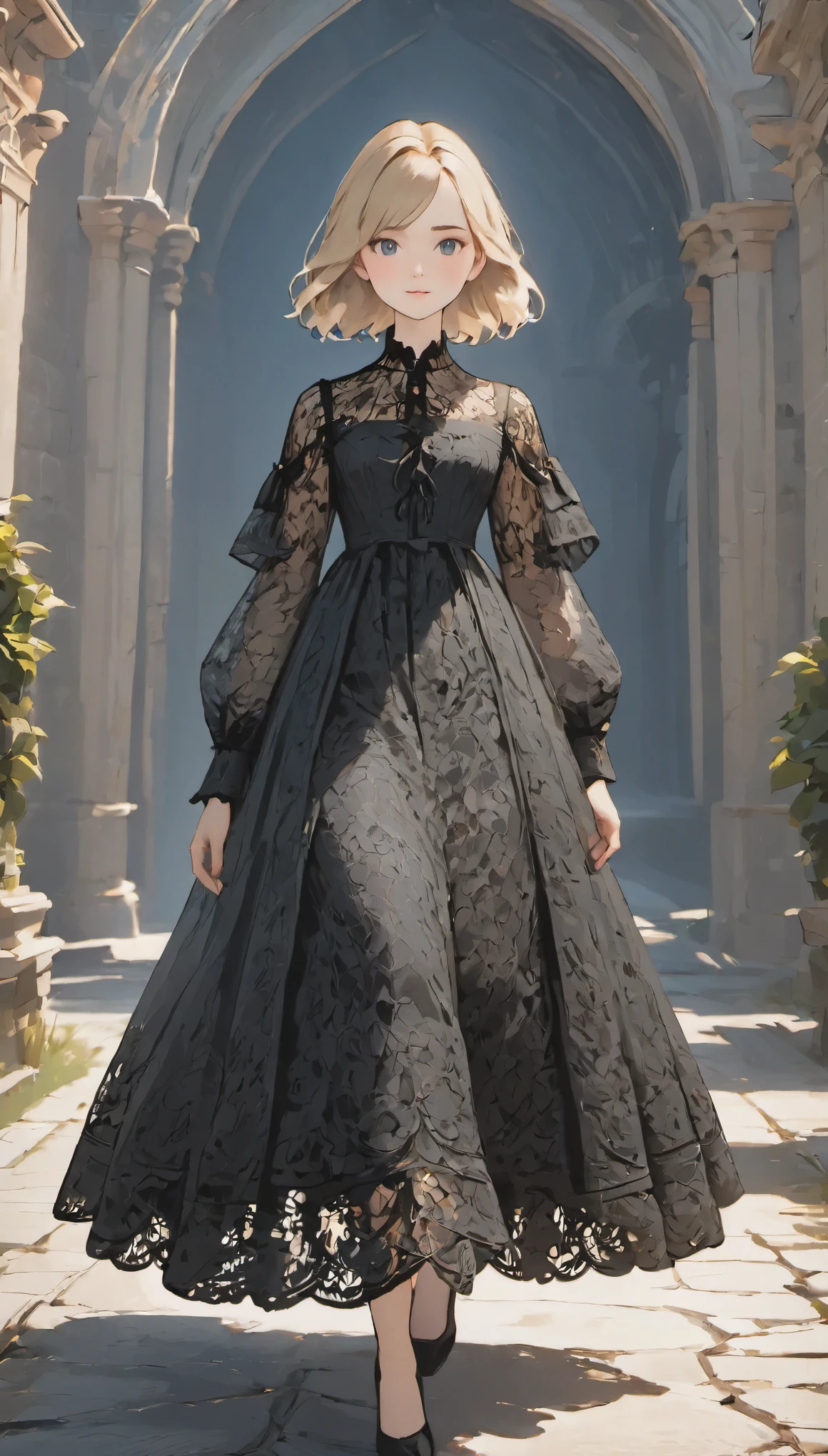 female adventurer, full body, Game Art Style, (masterpiece),  highest quality, High resolution, 4k, 8K, Detail view, intricate details, cinematic lighting, amazing quality, 1 girl、Elegant black lace style dress、Dense and artistic lace black line dress、pretty dress、Super Luxury Dresses、ash blonde hair, great shading, soft lighting, Face-to-face camera, perfect eyes