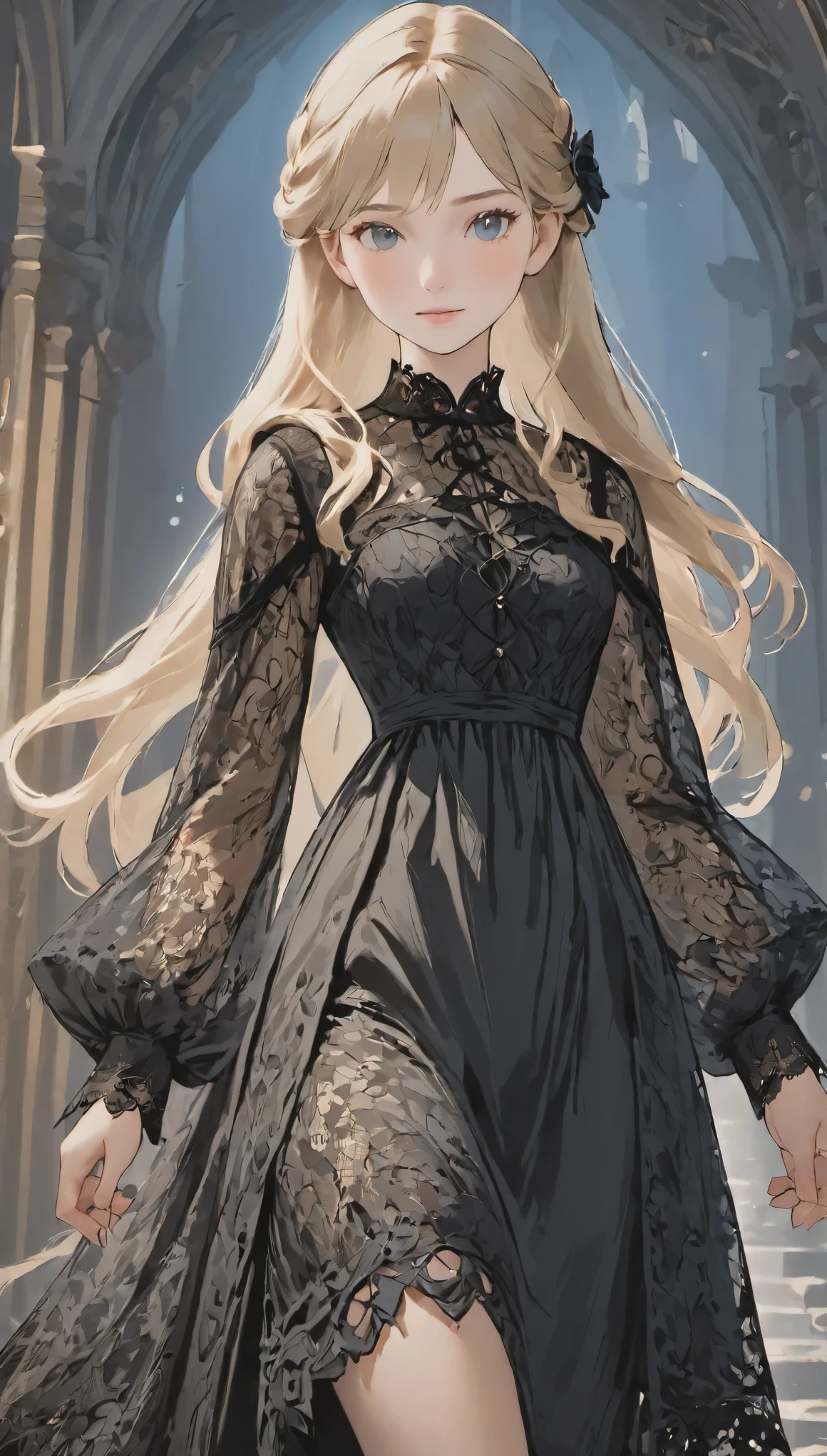 female adventurer, full body, Game Art Style, (masterpiece),  highest quality, High resolution, 4k, 8K, Detail view, intricate details, cinematic lighting, amazing quality, 1 girl、Elegant black lace style dress、Dense and artistic lace black line dress、pretty dress、Super Luxury Dresses、ash blonde hair, great shading, soft lighting, Face-to-face camera, perfect eyes