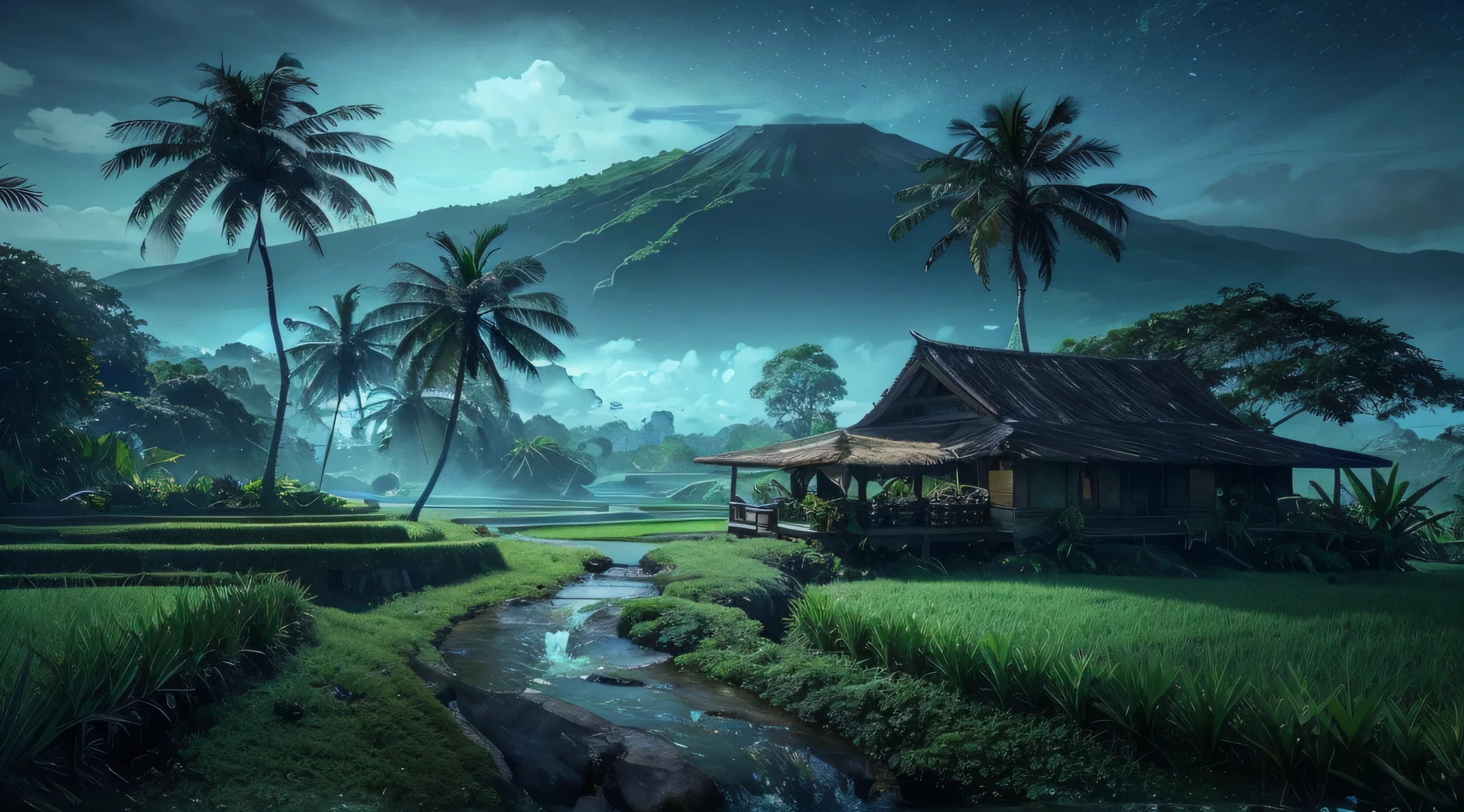 The waterfall flows from between two short cliffs and falls into a clear poolwith clear water and a few natural rocks, there is a small hut, surrounded by tropical forest plants such as shady Wood trees, banana trees, a deer is drinking.with a distant backdrop of volcanoes and vast rice fields thick with rice plants, blue sky, bright white clouds, realistic photography.