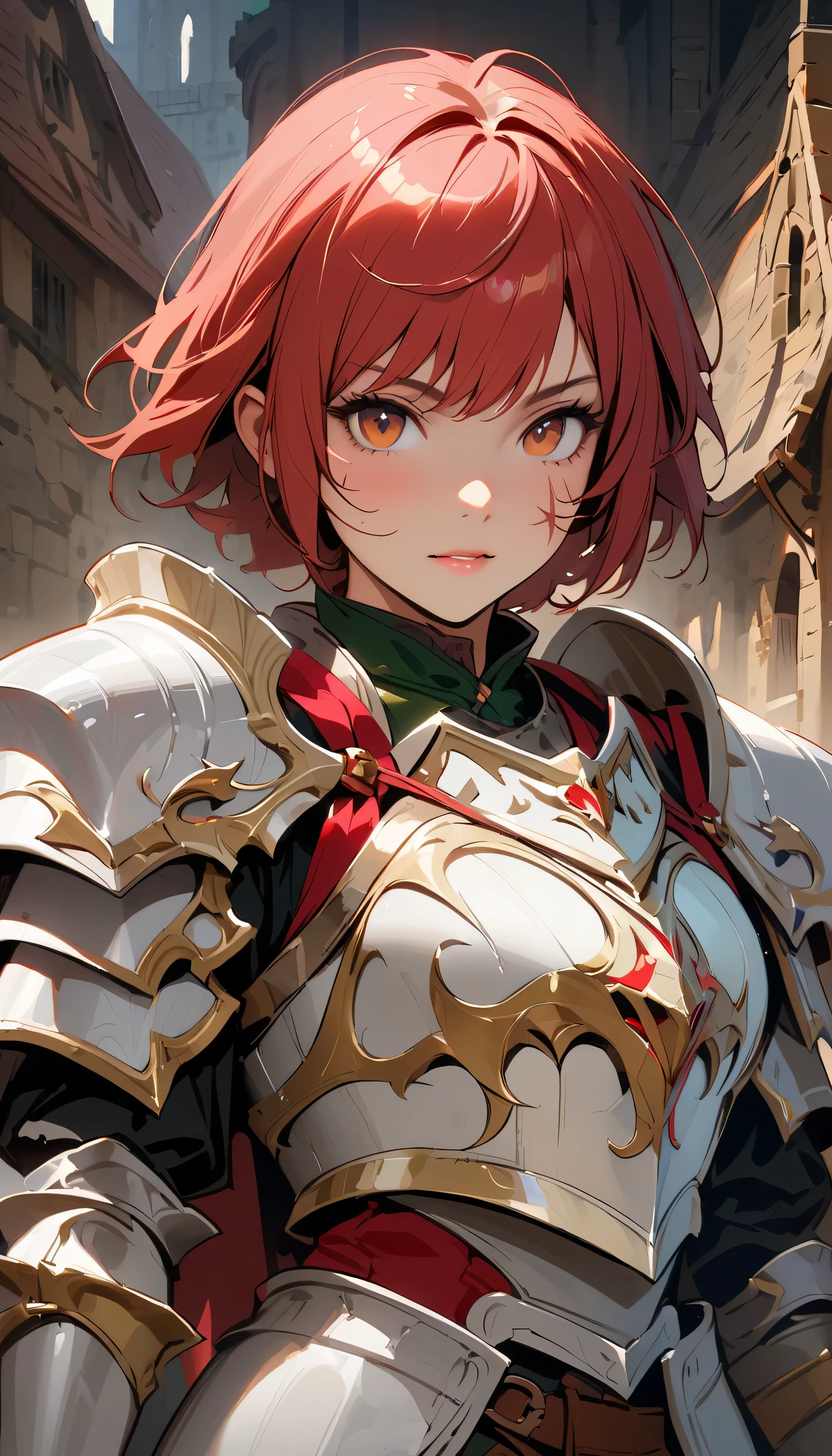 masterpiece, concept art, close shot, centered, portrait, beautiful and aesthetic, oil painting, gouache, portrait, hard brush, dwarf old man, red hair, holy paladin, (white heavy armor:1.5), great axe, dwarf beard, fantasy race, fantasy theme, short hair, (scar on face), standing, dwarf fortress background, vibrant color, epic composition, epic proportion, HD
