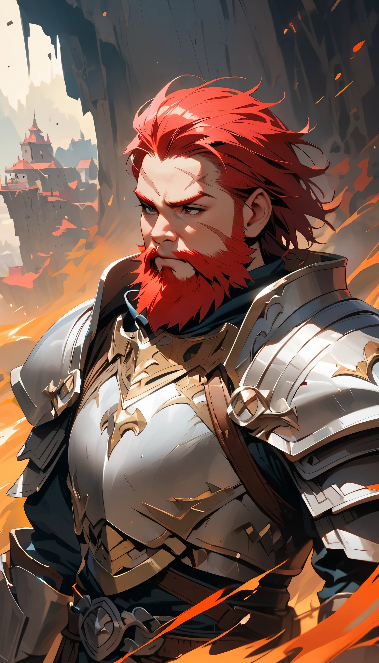 masterpiece, concept art, close shot, centered, portrait, beautiful and aesthetic, oil painting, gouache, portrait, hard brush, dwarf old man, red hair, holy paladin, (white heavy armor:1.5), great axe, dwarf beard, fantasy race, fantasy theme, short hair, (scar on face), standing, dwarf fortress background, vibrant color, epic composition, epic proportion, HD
