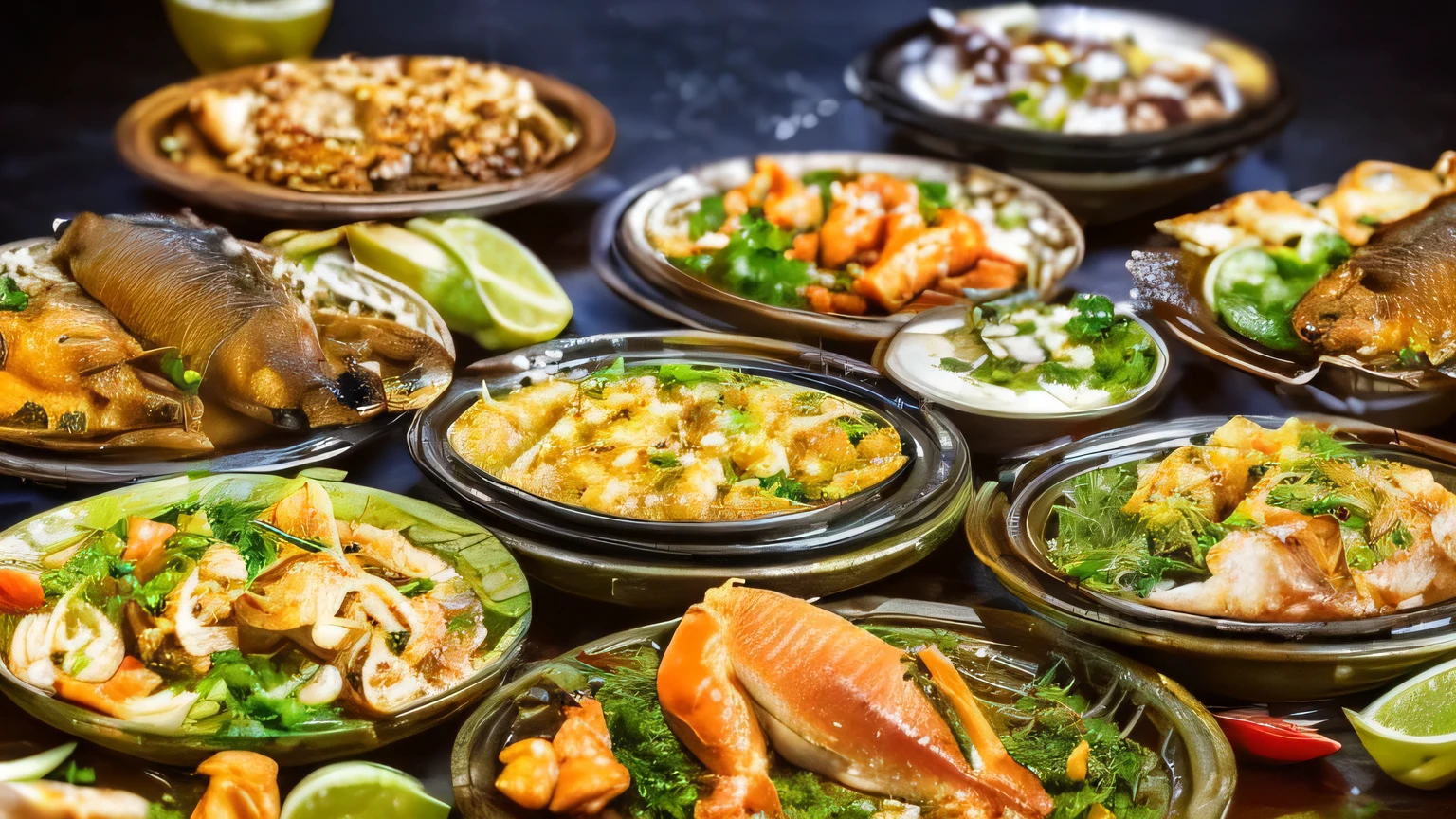 (best quality,realistic,photorealistic:1.37), commercial style, a table of dishes, all made of fish, different parts of the fish are prepared separately, such as spicy fish head, fried fish, fish soup, and so on.
