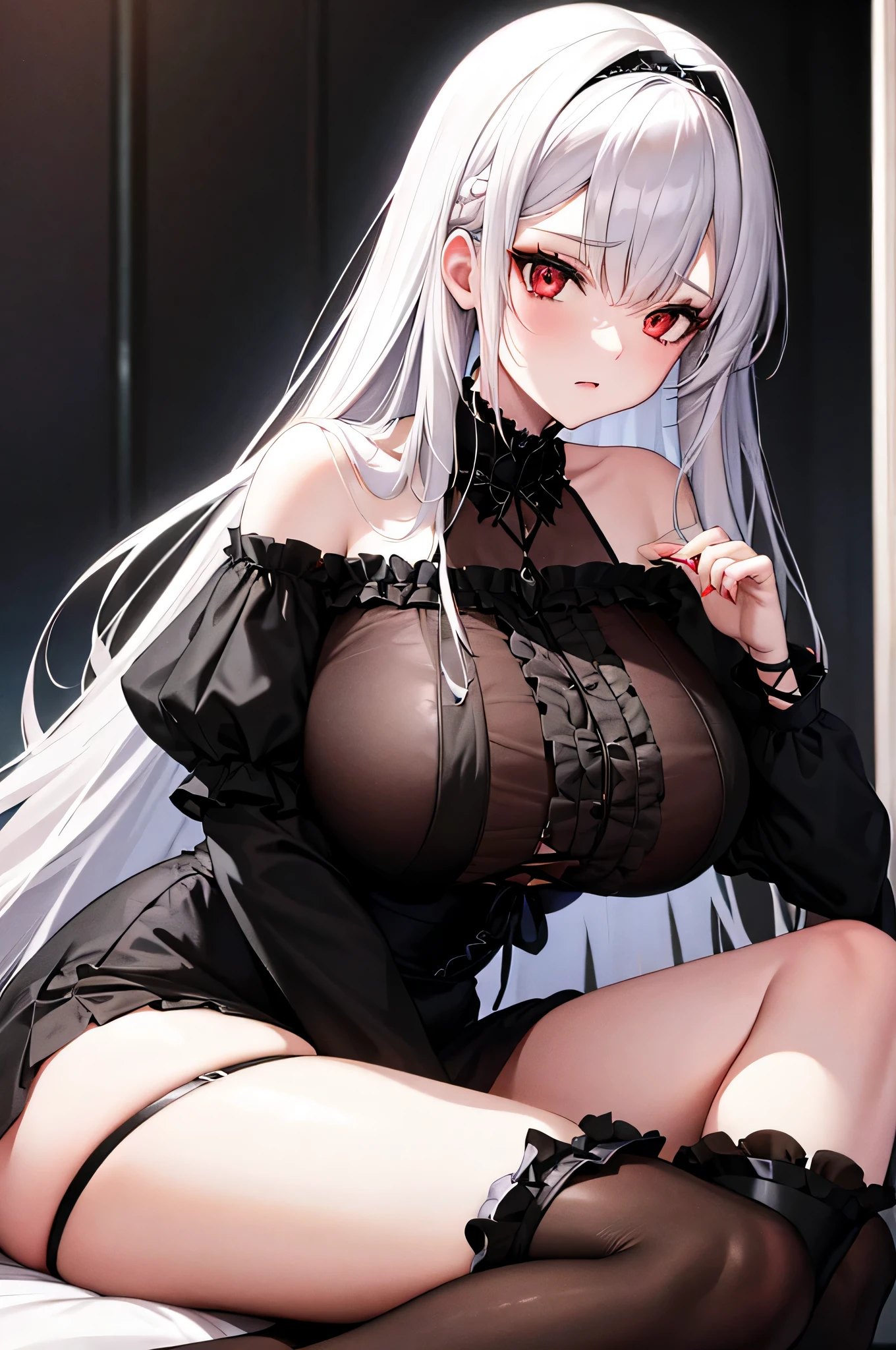 gothic ****ta, white hair, long hair, red eyes, huge breast, no expression, off shoulder, cowboy shot, sitting, bed room,