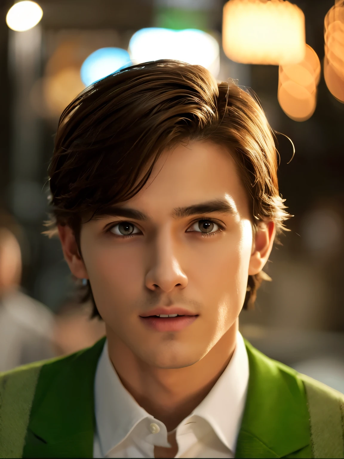 Soft movie-like lighting illuminates a beautiful space。, incredibly detailed, New York Manhattan、Light brown hair ultra short messy, light green eyes, show teeth, sensual, hot guy, very beautiful, Who's trending on ArtStation?. Octane is、It's the perfect tool to capture the smoothest details of this 16K photography masterpiece