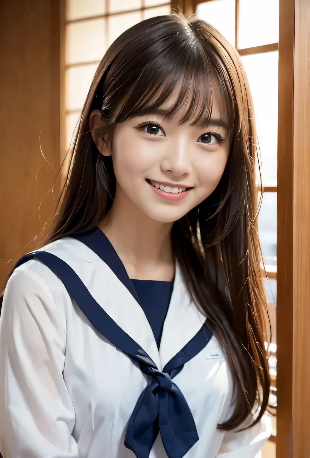 (((School:1.3, indoor, Photographed from the front))), ((Long Hair 1.3, sailor suit,japanese woman,smile, cute)), (clean, natural makeup), (highest quality, masterpiece:1.3, 超High resolution), (Super detailed, caustics), (realistic:1.4, RAW shooting), very detailed, High resolution, 16K resolution
