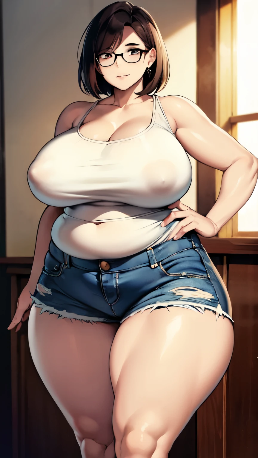 huge breasts, big hips, Tank top, denim shorts, full body shot, Mature mother, Whipping the lower body, plump thighs, calf, bewitching mature woman, perfect body, plus size model,