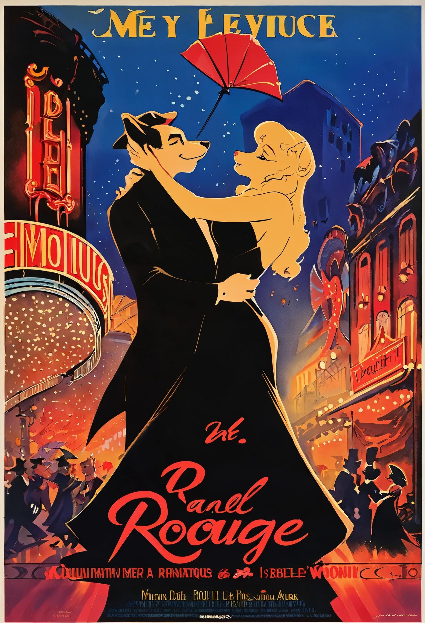 top quality, highres, High-quality illustrations, unparalleled masterpiece, arafed image of a couple in a city street at night, furry, anthro, kemono, moulin rouge, moulin rouge, movie artwork, concept art of love, movie art, movie poster painting, bestselling movie art poster, romance novel cover, martin ansin, inspired by Vincent Lefevre, belle epoque, romanticis, raphaël, cinematic lighting,