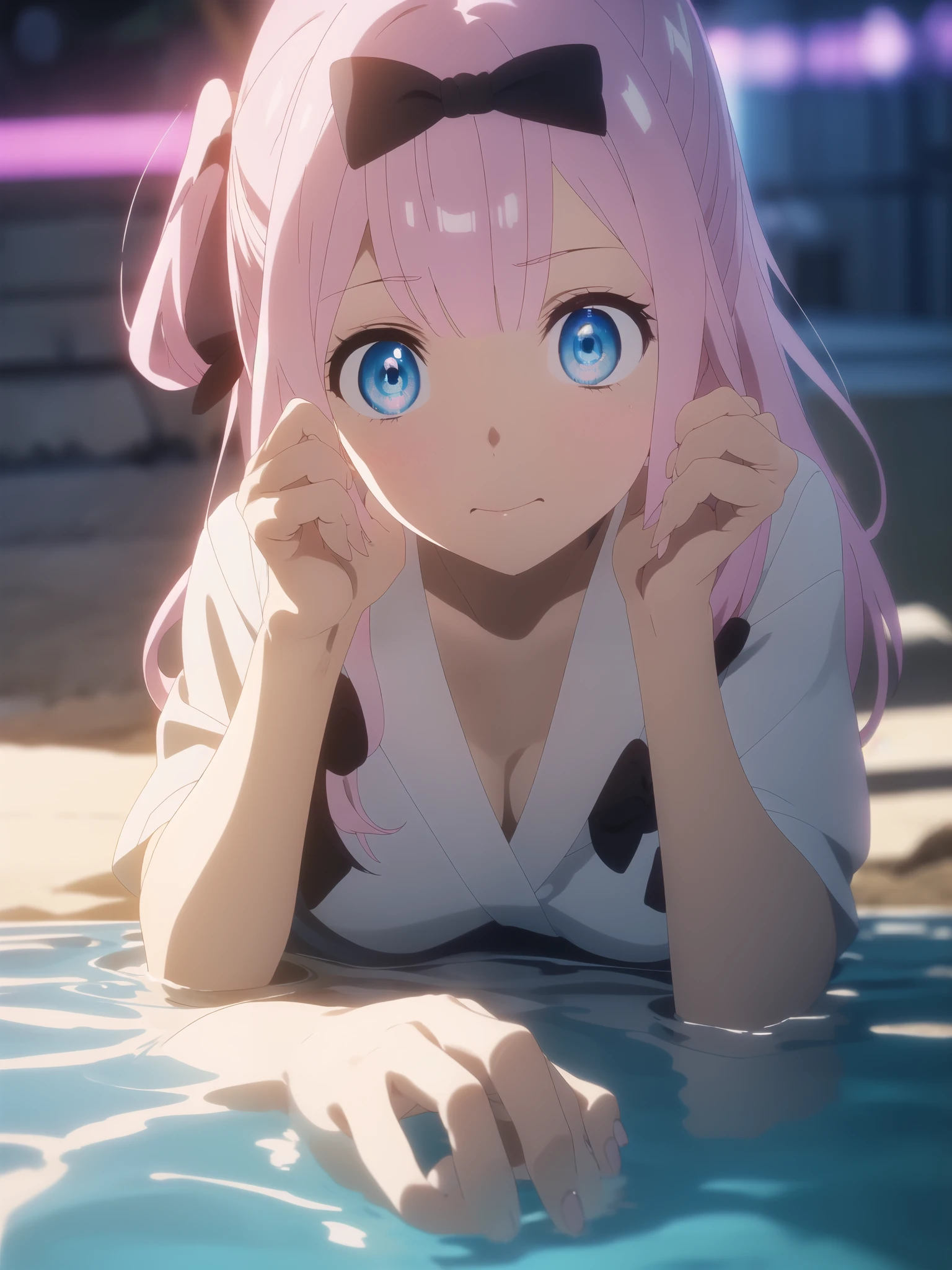 it is common, 3D,Chika Fujiwara, black bow, blue eyes, dull bangs, hair ribbon, long hair, pink hair, Breaking Black Pink Bikini(1:2) 壊す looking at viewer, break outdoors,Green Ocean、rainbow Ocean 壊す (masterpiece:1.2), highest quality, High resolution, unity 8k wallpaper, (figure:0.8), (detailed and beautiful eyes:1.6), highly detailed face, perfect lighting, Very detailed CG, (perfect hands, perfect anatomy)、whole body(1:2)