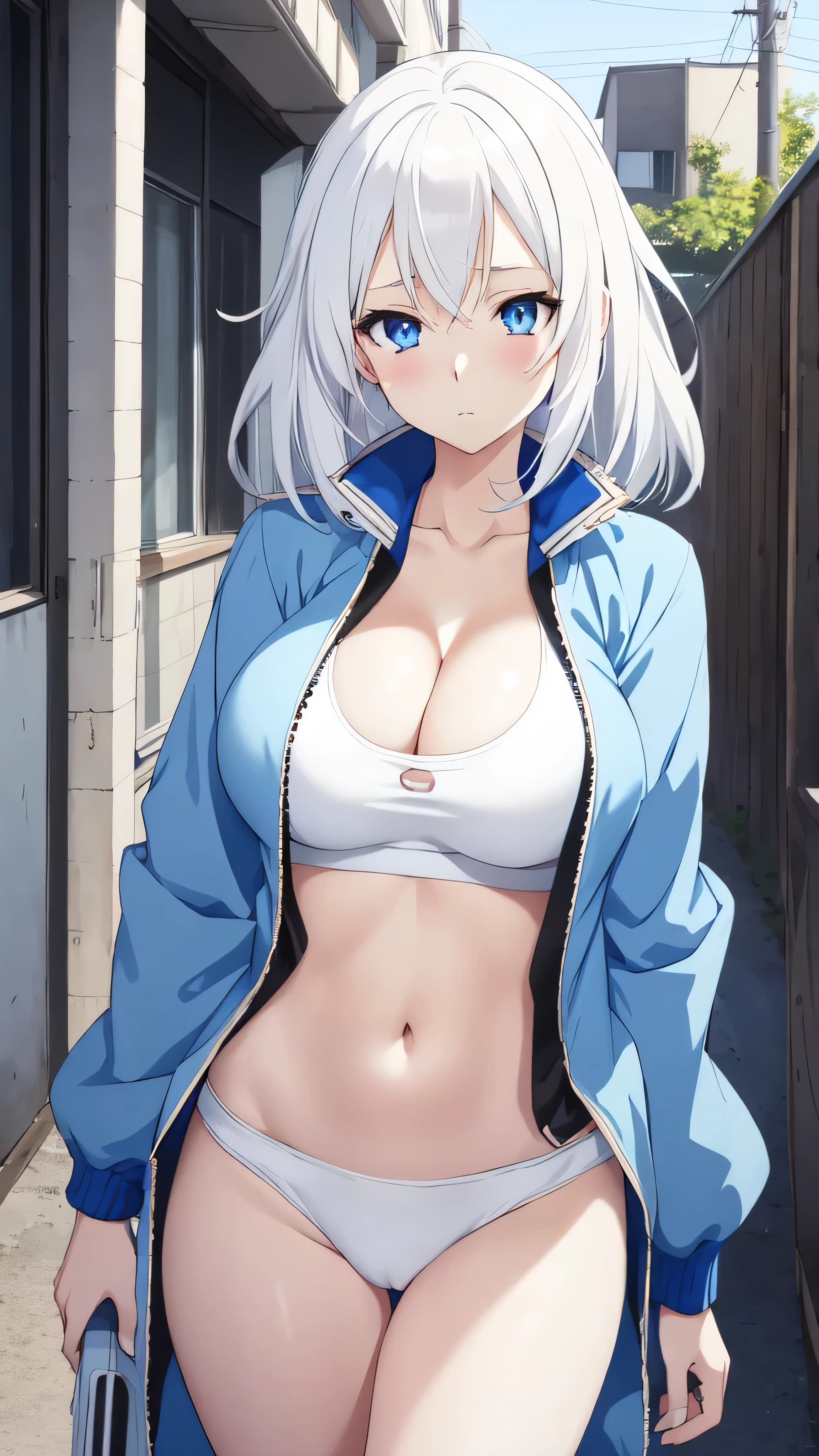 Anime girl characters, 1girl, solo, looking at viewer, medium hair, white hair,blue eyes, long sleeves, cleavage, bigger breasts, closed mouth, collarbone, jacket, open clothes, open jacket, blue jacket, ground vehicle, sports bra, tall girl, horny, big ass, beautiful face