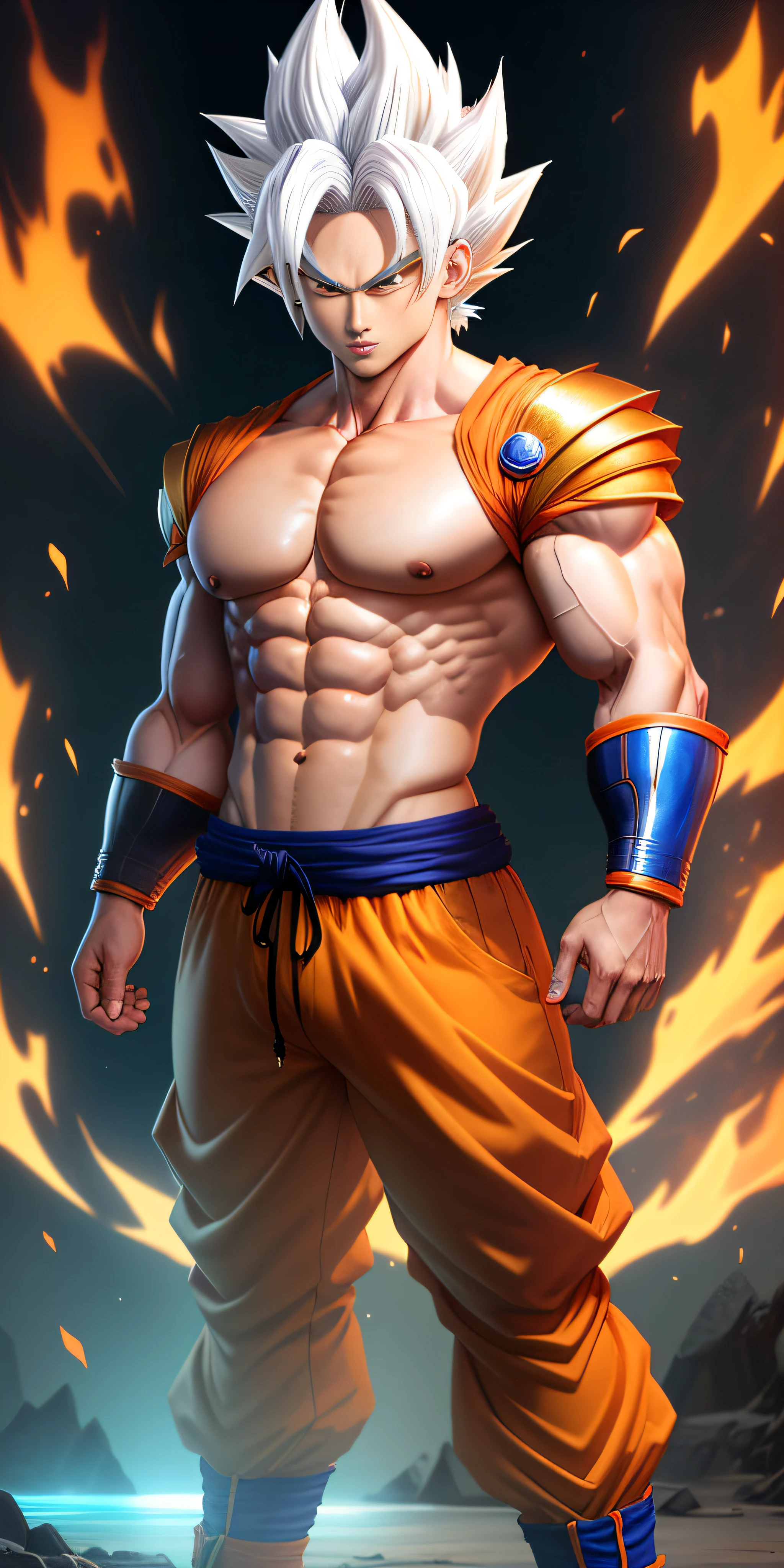 goku dragon ball bodybuilder, beautiful face, serious face, white hair, red eyes, perfect body, fit body, abs, big breasts, muscular,blue and orange armor