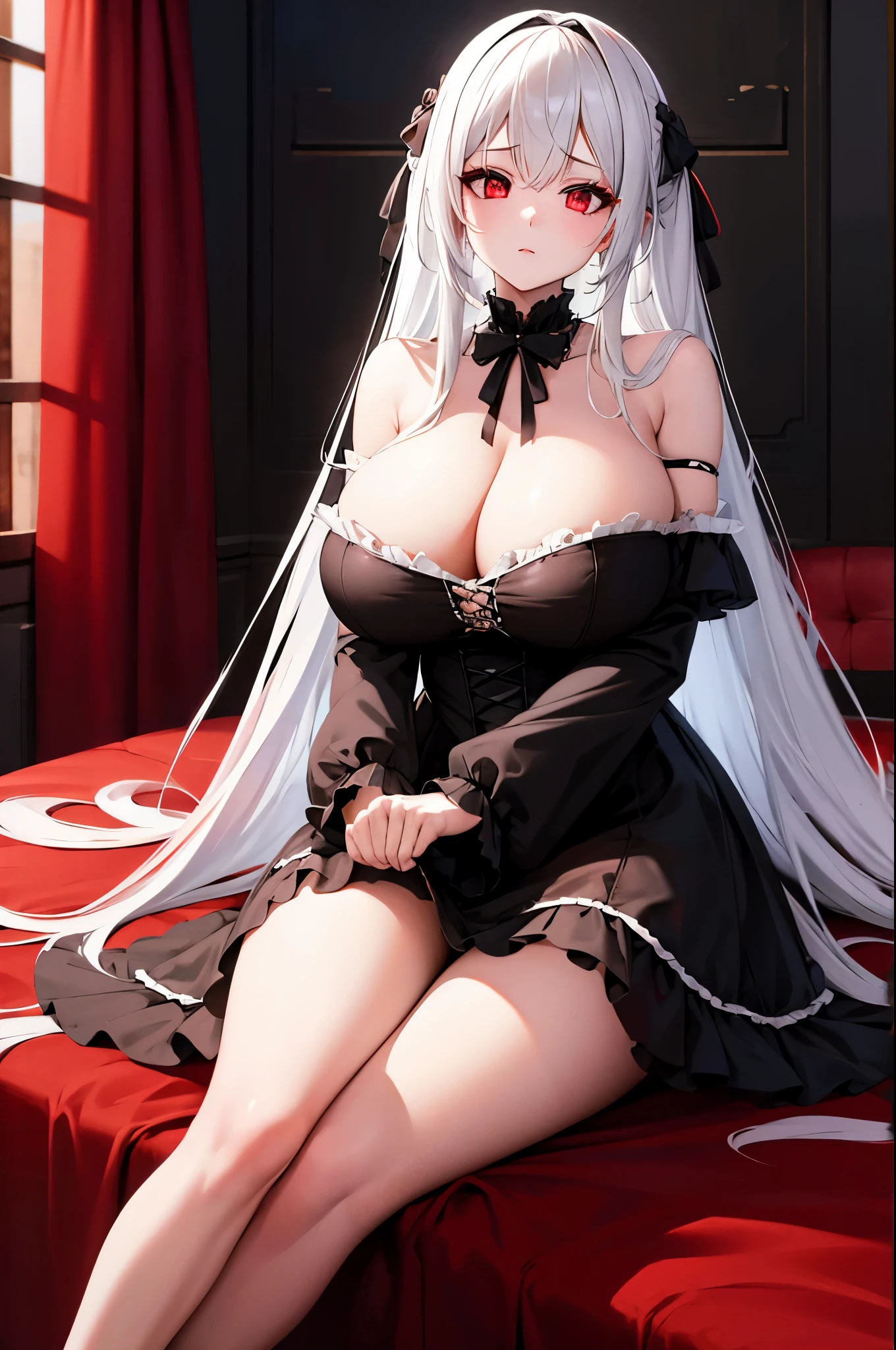 gothic lolita, white hair, long hair, red eyes, huge breast, no expression, off shoulder, cowboy shot, sitting, bed room,