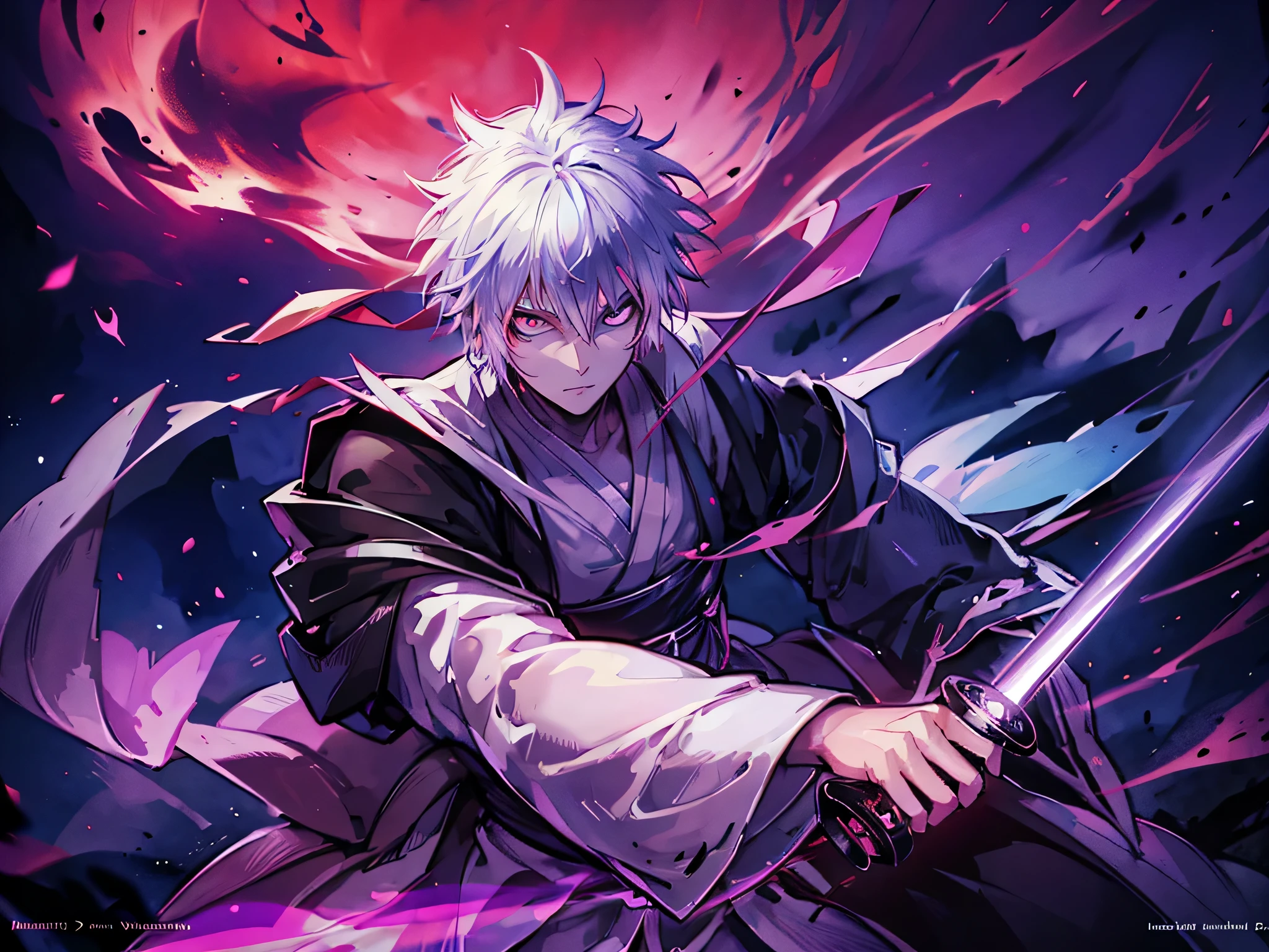 1 man, mage swordsman, beautiful eyes finely detailed, short silver hair, wearing aristocrat style outfit, casting a strong spell from his sword, (Masterpiece:1.2), (Best Quality), Detailed, UHD, Cinematic Lighting, sharp focus, (illustration:1.1), intricate, 8k CG, perfect artwork, (half body:0.6), detailed background, witch, magical atmosphere, colorful glowing magic spell in the air, swirling portal, dark magic, (style-swirlmagic:0.8), floating particles, dark sinister forest background, updraft, backlighting, katana sword, samurai, blue flare dragon, bankai, (hollow mask), 