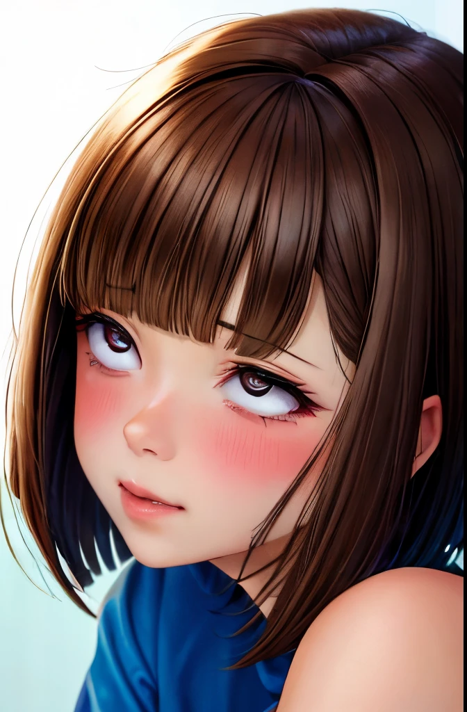 1 girl, brown hair, short hair, bangs, blush, tremble, tremble effect, amazing effect, bound, bondage, bondage, on all fours, volunteer, High resolution, Super detailed, realistic, Portrait, Bright colors, Side view