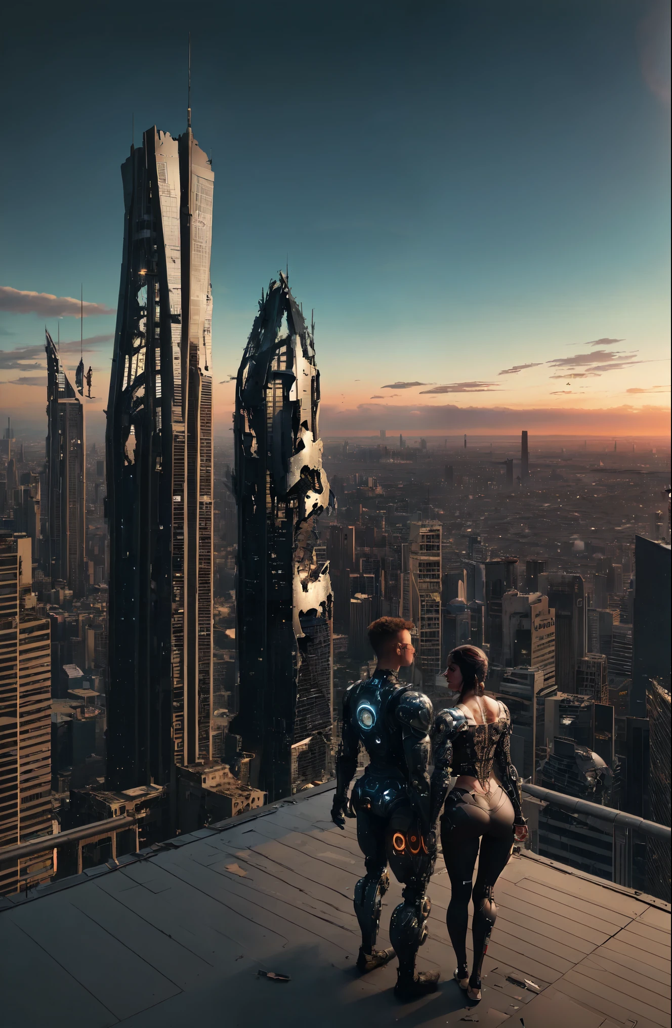 Sexual relationship between a male cyborg and a female cyborg on the roof of a skyscraper, high quality, best quality, absurdres, masterpiece, beautiful, intricate details, 1/2 body crop, slim body, beautiful figure, magnificent anatomy, (intricate details:1.12), HDR, (intricate details, hyper-detailing:1.15), (natural skin textures, hyper realisitc, soft light, Sharp:1.2), big destroyed city, post apocalyps
