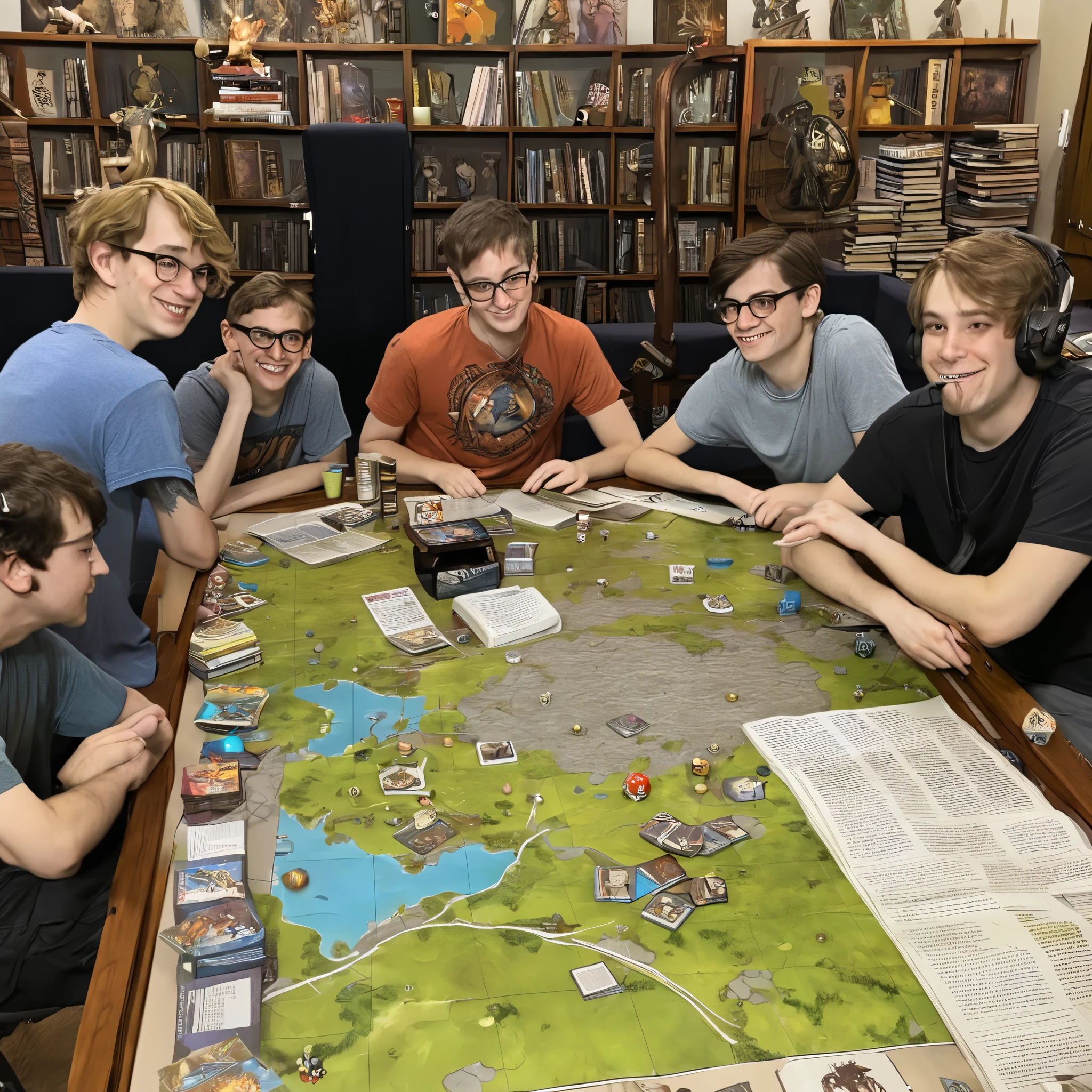6 nerds, boys(disheveled, loose clothes a little dingey, some acne), sit around a table that has a DM screen, battle map, miniatures, dice, books, and everyone has a character sheet