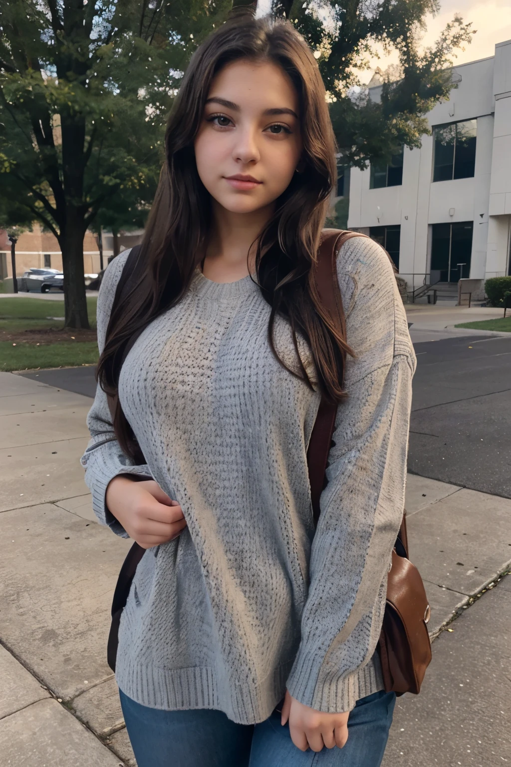 Photo of a curvy 18 year old brunette woman, that has a very natural face, full lips, thin eyes, thin eyebrows, thin nose, dark eyes, long eyelashes. She takes a cute selfie outside of a high school. She is dressed in a sweater and has a backpack on.