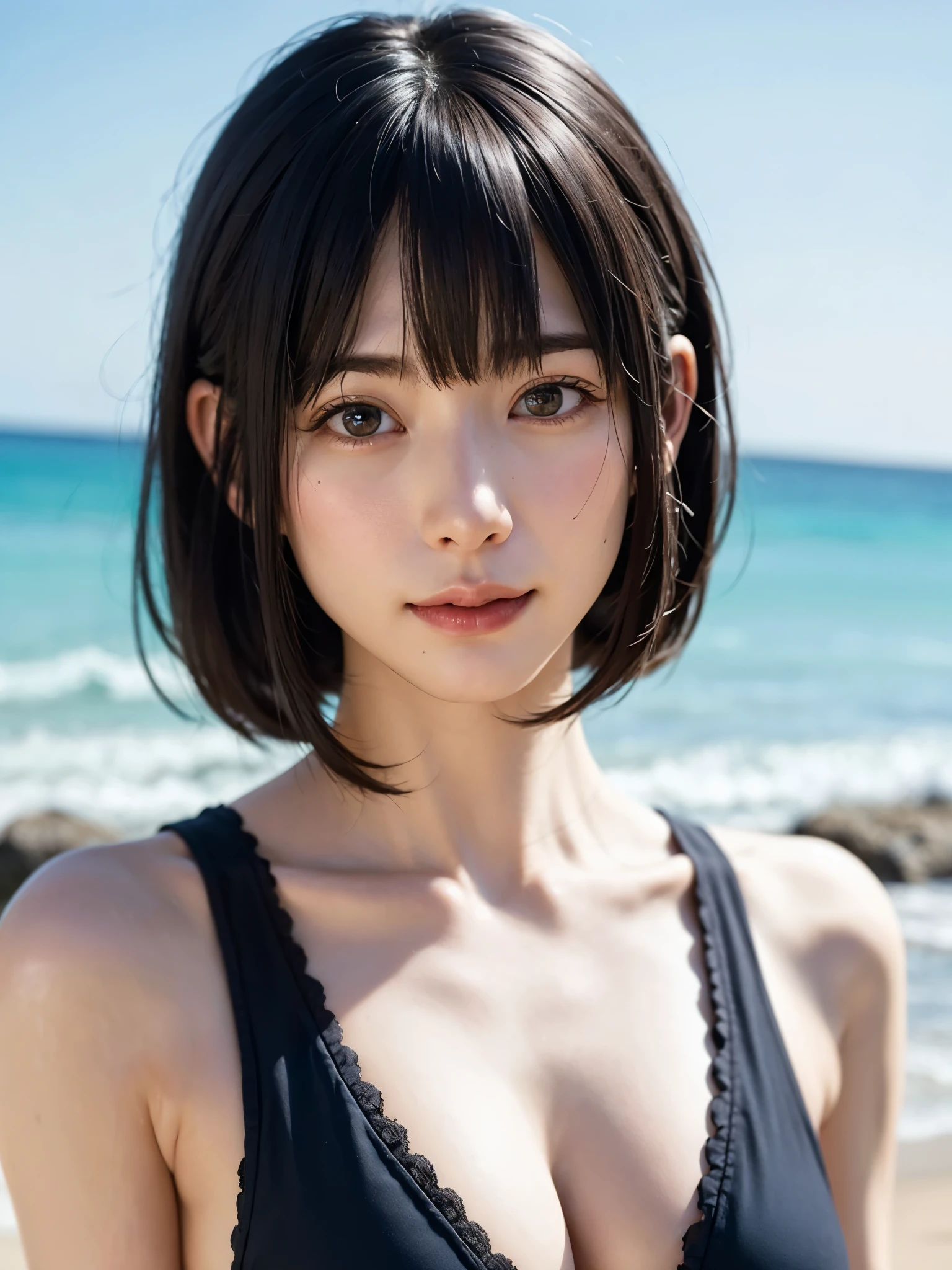 1 girl、highest quality、realistic、alone、written boundary depth、natural soft light、daytime、Charm、beautiful face、cleanliness、pure face、white skin、cute、short hair、bangs、beach、Light of the sun、Nedium Breast Body Esbian、((セーター黄金比のbeautiful face 対称性のあるbeautiful face))、long neck、please show me your ears、bangsのあるきれいな短いボブヘア、smile with your mouth closed、perfect hands指、perfect hands、perfect body、perfect face、shine a light on your eyes、perfect anatomy:1.4、とてもcuteスーパーモデル:1.4、{huge|big|hugeな|mega} chest, cleavage