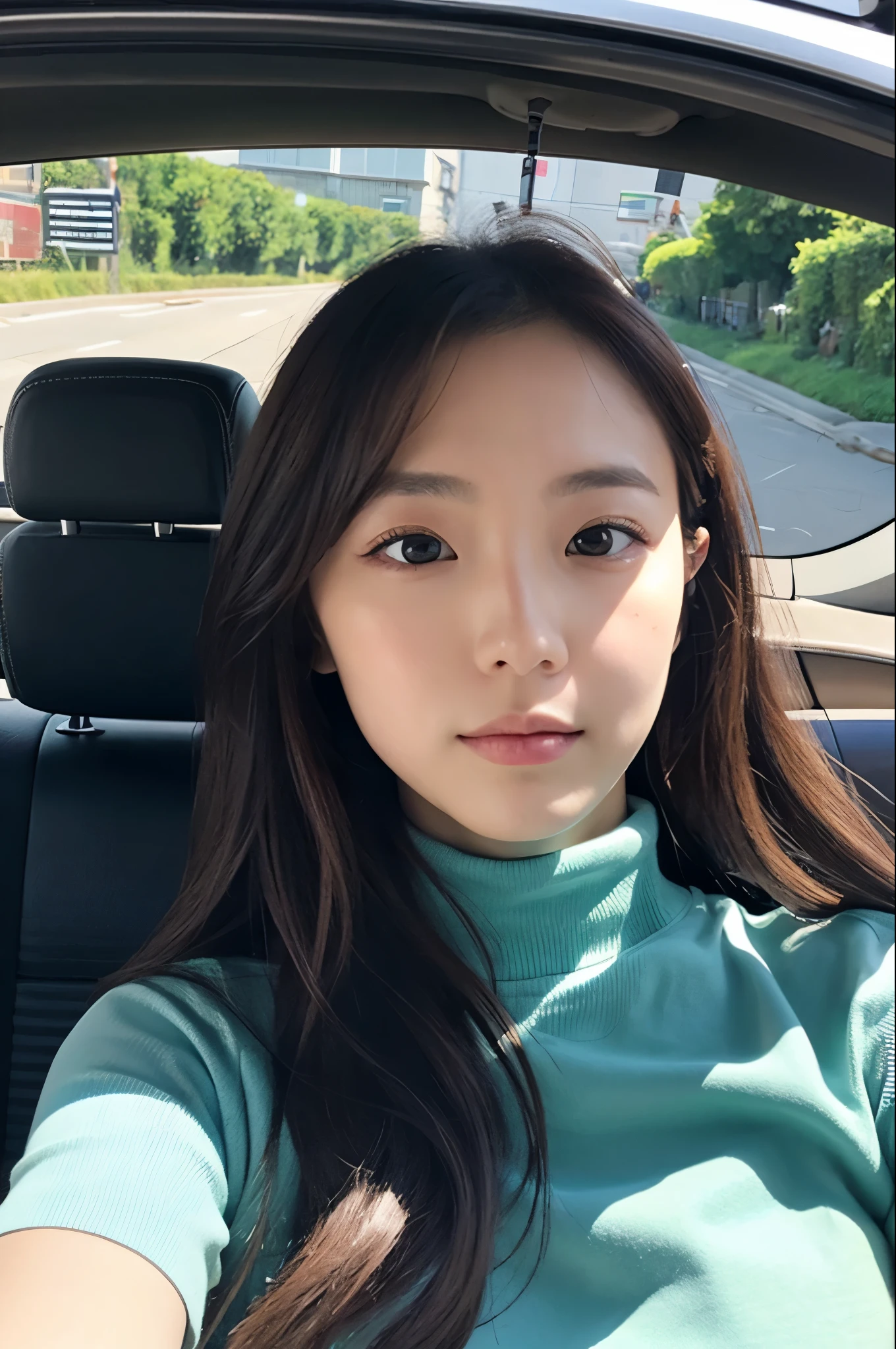 pureruby, a woman wearing turtleneck shirt, selfie in car