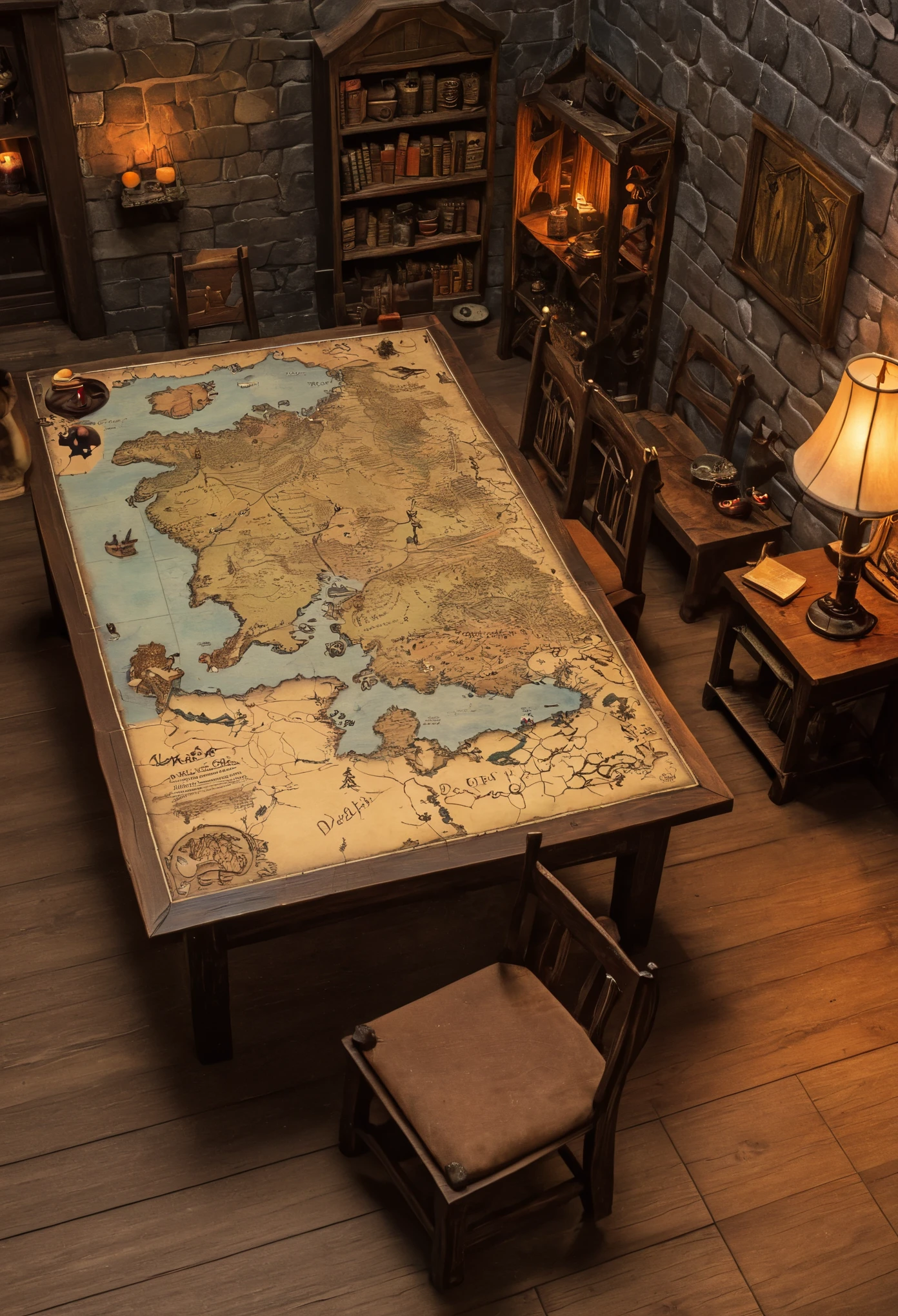 (D&D, Table top:1.4), Table, Vintage, indoor, Kodak, Medieval style, Fantasy, (Tabletop game, game, table top, D&D Figures, D&D Map:1.6), bookshelves, wood, chair, dynamic lighting, dynamic angle, (D&D figures:1.4), small game assets, (Dungeon and Dragons:1.2)