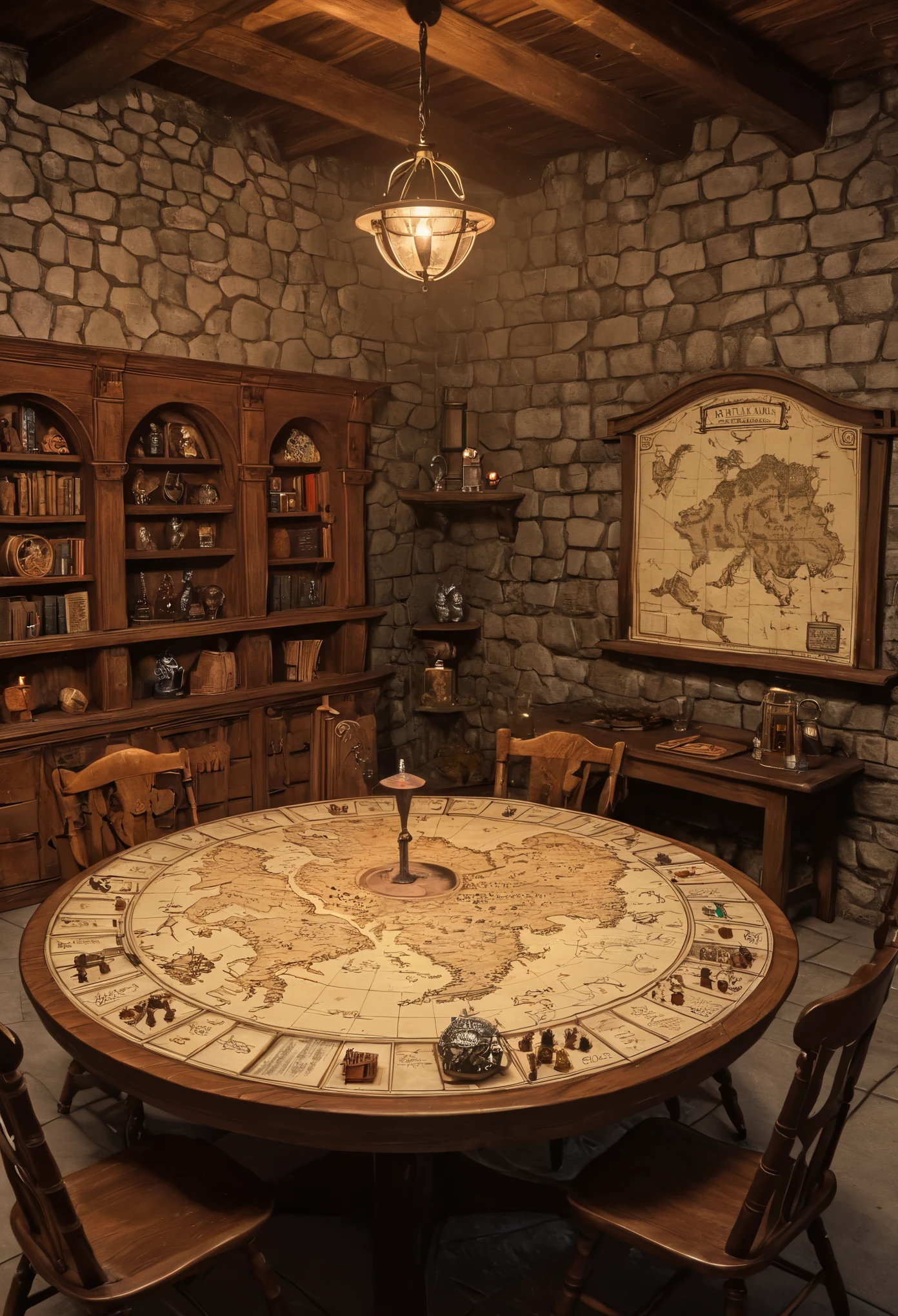 (D&D, Table top:1.4), Table, Vintage, indoor, Kodak, Medieval style, Fantasy, (Tabletop game, game, table top, D&D Figures, D&D Map:1.6), bookshelves, wood, chair, dynamic lighting, dynamic angle, (D&D figures:1.4), small game assets, (Dungeon and Dragons:1.2)