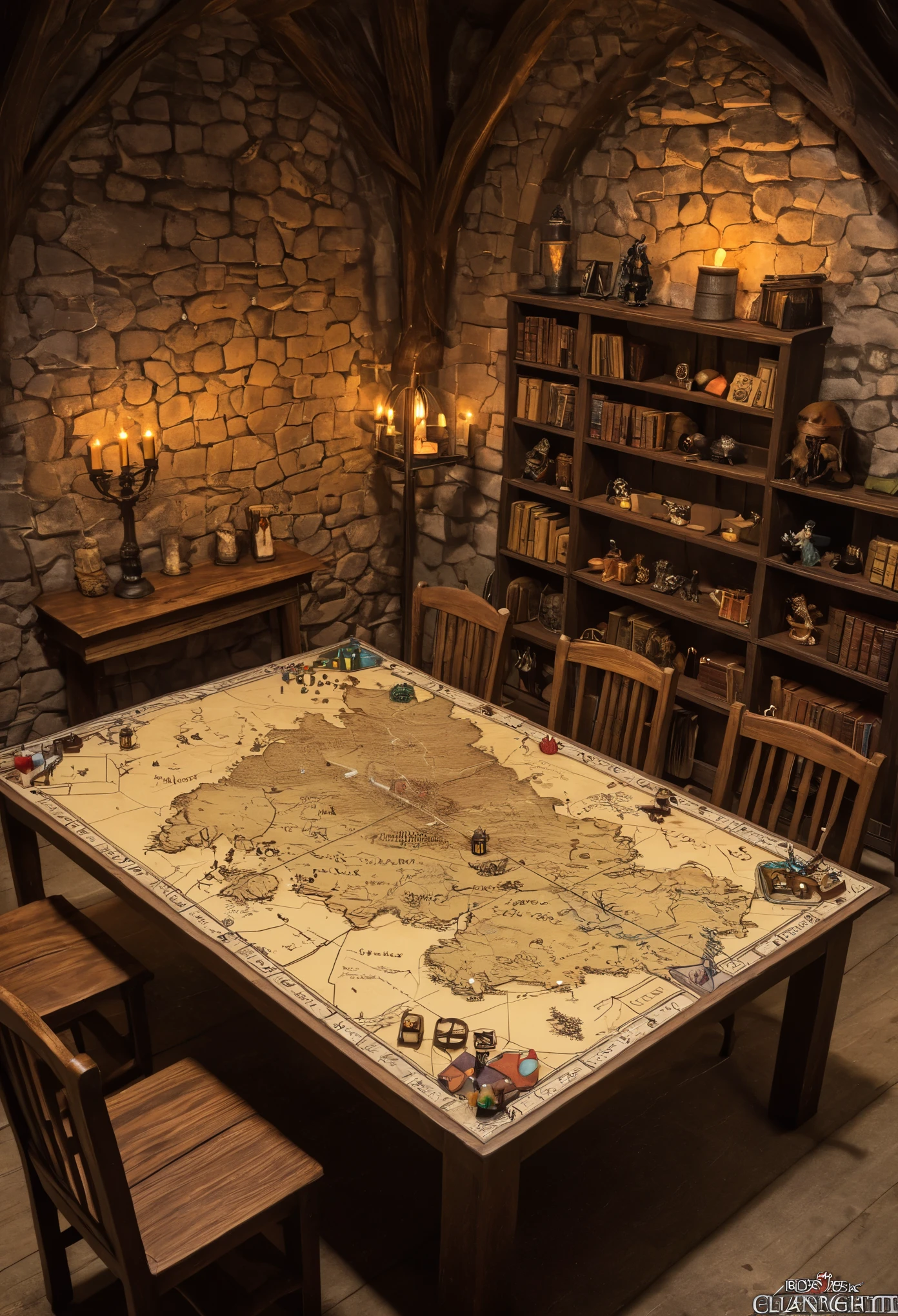 (D&D, Table top:1.4), Table, Vintage, indoor, Kodak, Medieval style, Fantasy, (Tabletop game, game, table top, D&D Figures, D&D Map:1.6), bookshelves, wood, chair, dynamic lighting, dynamic angle, (D&D figures:1.4), small game assets, (Dungeon and Dragons:1.2)