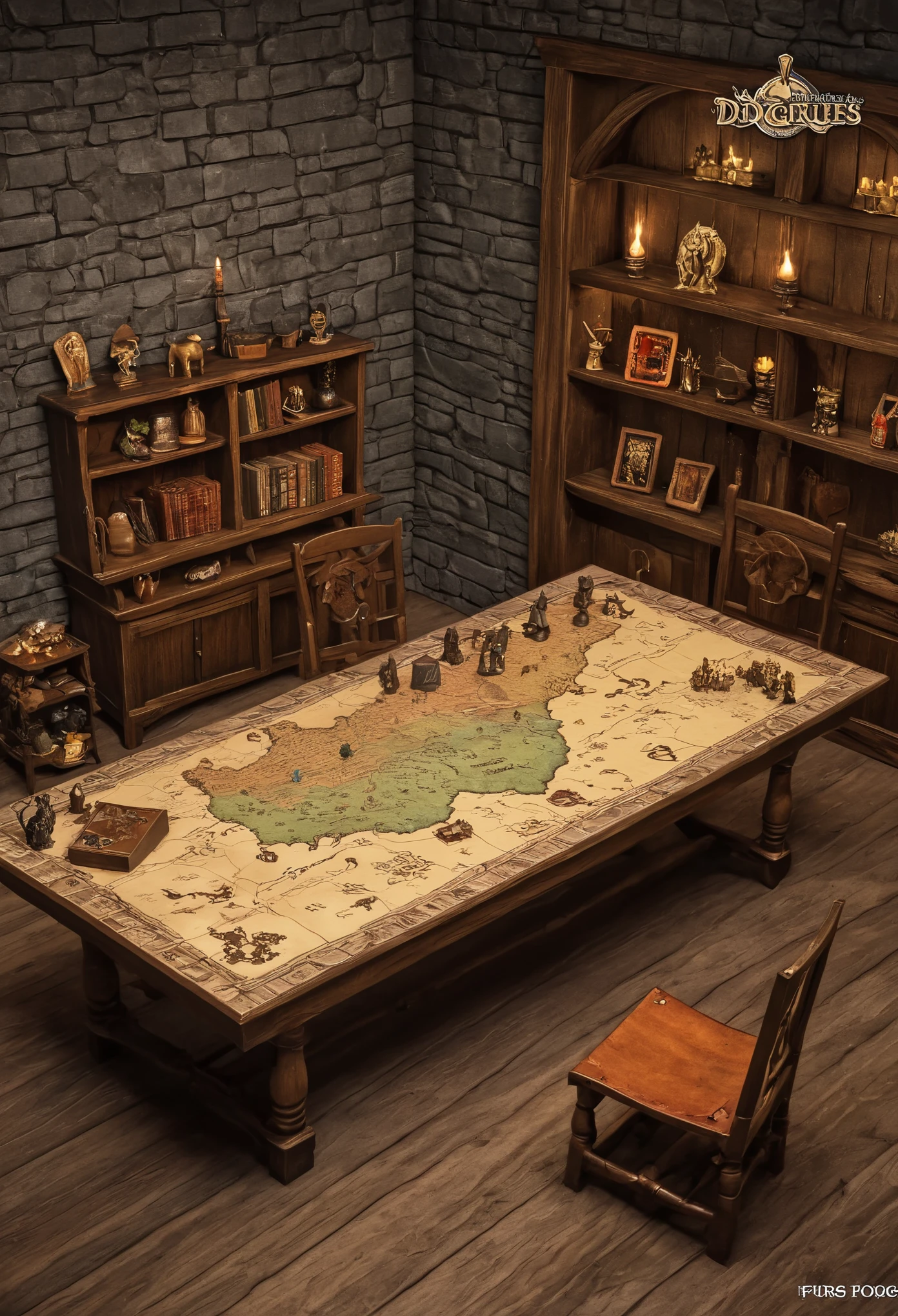 (D&D, Table top:1.4), Table, Vintage, indoor, Kodak, Medieval style, Fantasy, (Tabletop game, game, table top, D&D Figures, D&D Map:1.6), bookshelves, wood, chair, dynamic lighting, dynamic angle, (D&D figures:1.4), small game assets, (Dungeon and Dragons:1.2)