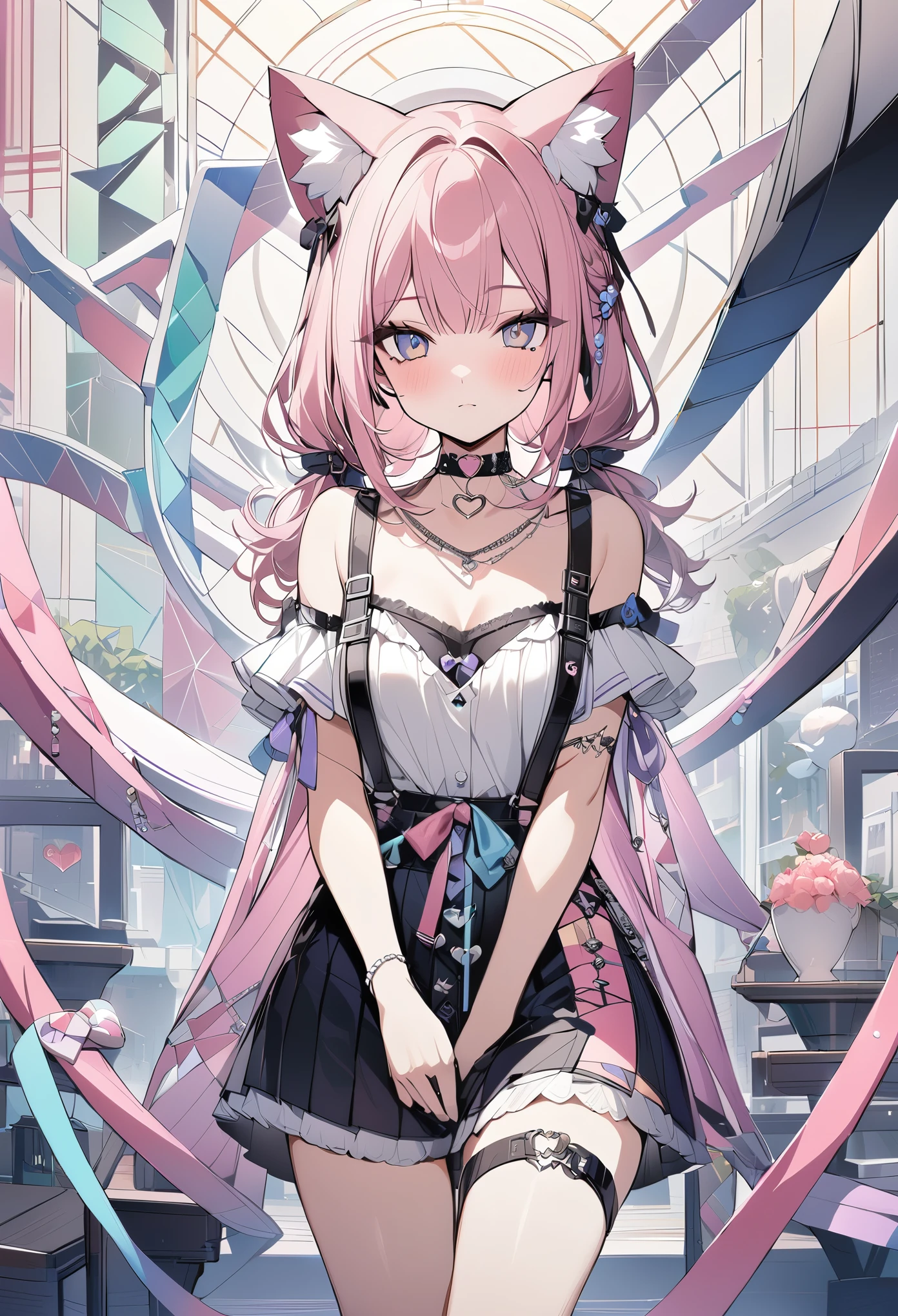,beautiful flower々）,mole under eye, heart shaped choker, (masterpiece, highest quality), official art, beautiful and aesthetic: 1.2), (1 girl), very detailed, (geometry art: 1.3), colorful、pink bob hair、Cat ear、 whole body