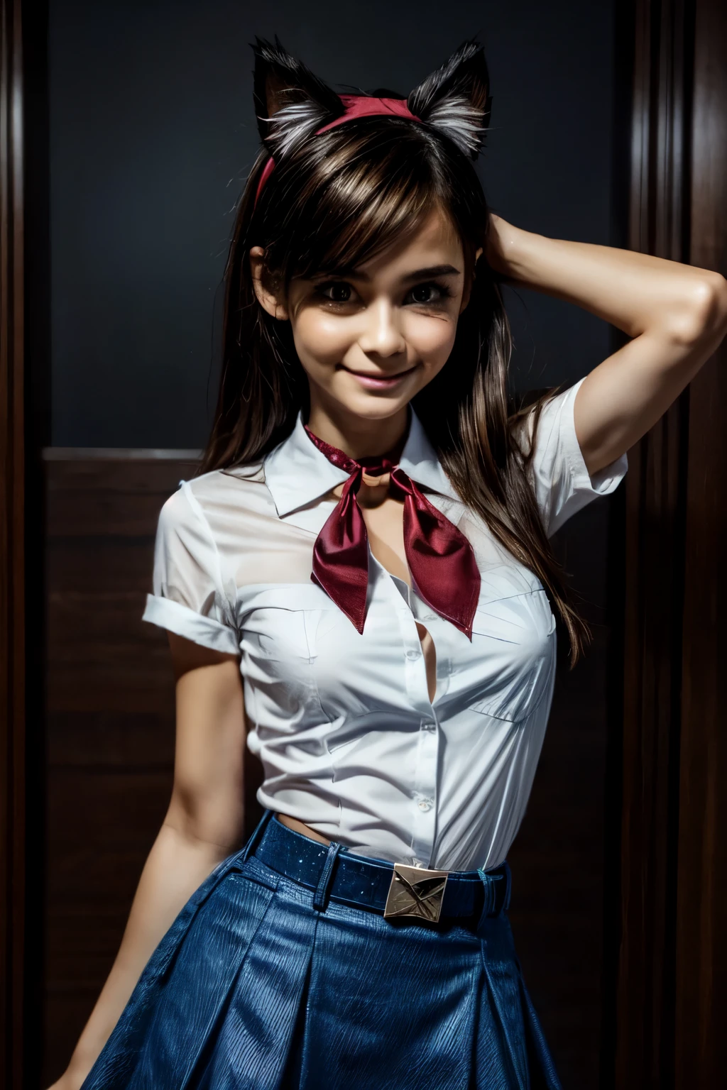 very young slim fit girl, at full height, rounded face, very long disheveled dark brown hair, big brown eyes, shy smile, perfect flat breast, band on head with fake cat ears, parororo, pioneer neckerchief, blue thight microskirt, bangs, shirt, collarbone, white shirt, short sleeves, collared shirt, belt, neckerchief, eyelashes, red neckerchief, breast pocket 