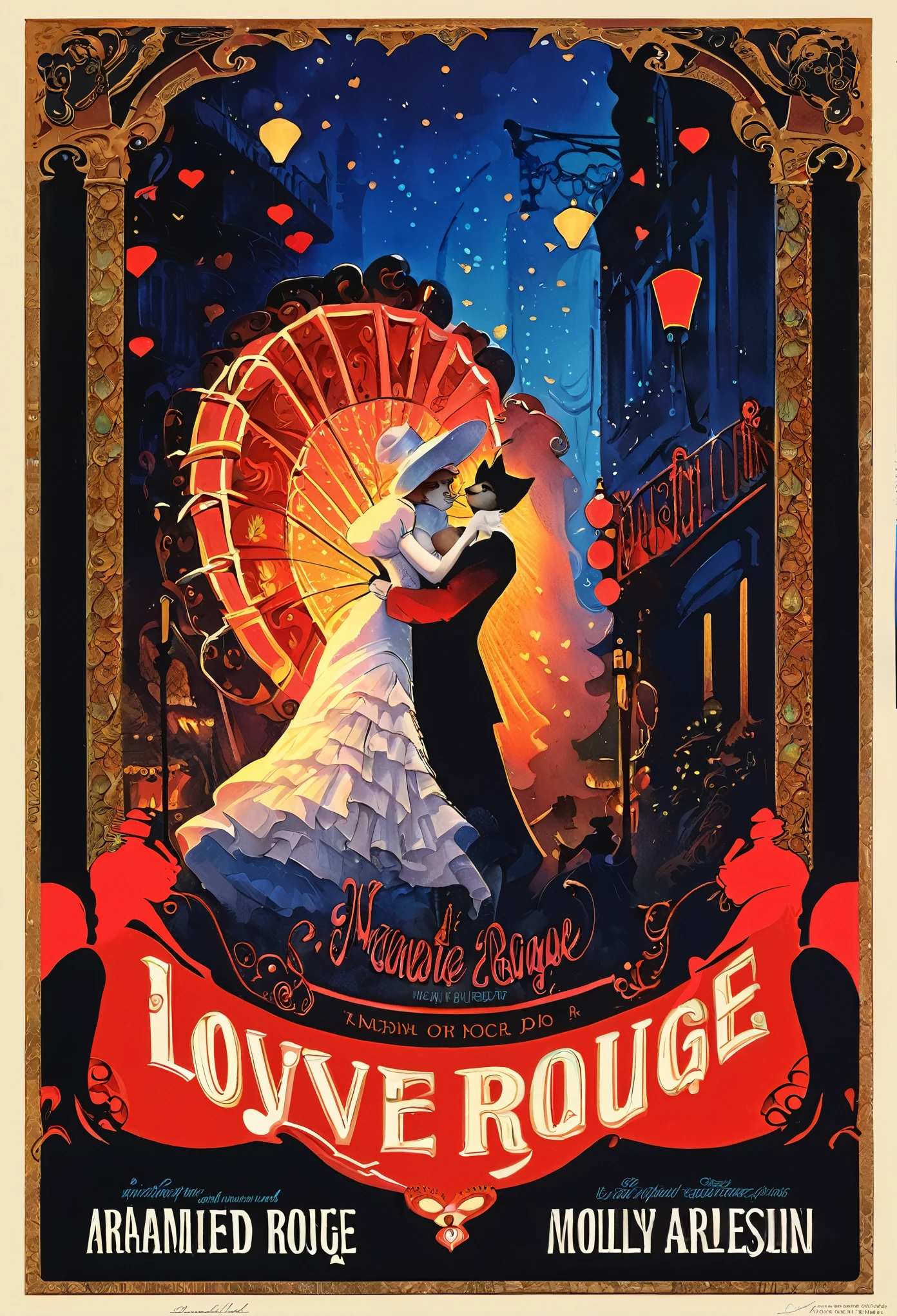 top quality, highres, High-quality illustrations, unparalleled masterpiece, arafed image of a couple in a city street at night, furry, anthro, kemono, moulin rouge, moulin rouge, movie artwork, concept art of love, movie art, movie poster painting, bestselling movie art poster, romance novel cover, martin ansin, inspired by Vincent Lefevre, belle epoque, romanticis, raphaël, cinematic lighting,