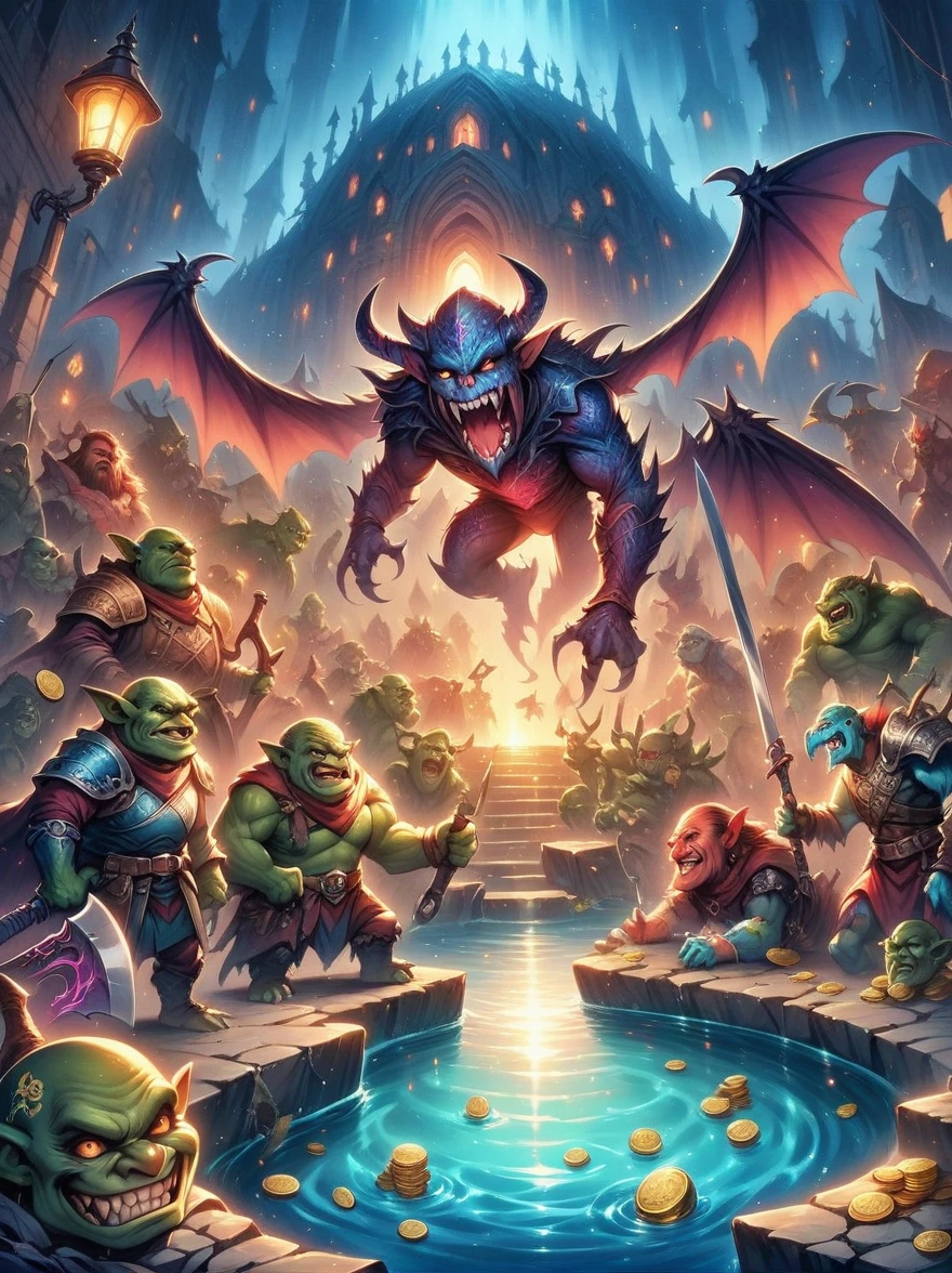 (((Dungeons & Dragons)))，dragon&#39;s underground lair，Dark and damp, full of treasures、bones and weapons，（low light，shadow，strange lamp），huge bat-like folding wings，（horned，scaly，Reptiles），eyes sparkling，Sword and Ax Collection，The box is full of gold coins and gems，water and mineral pool，（FOG），surrounded by net，（Warning tape），Featuring goblins equipped with armor and weapons，Orc and Troll Guards，（Threat exists），Extremely detailed settings, Keith Haring style graffiti,sharp illustration, bold lines and solid colors, simple details, minimalist