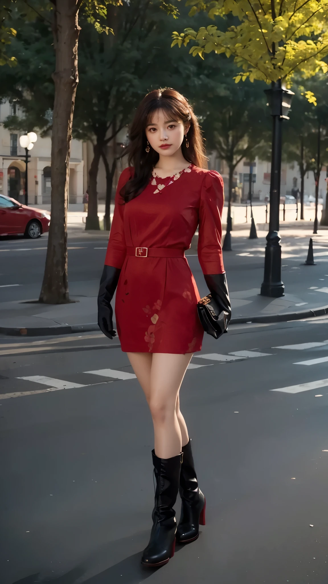Alafi sat on the wooden deck，Holding a basket of teddy bears, Red floral dress, Romantic dress, wearing a red sundress, girl wears a red dress, wearing in a summer dress, floating dress, lady with glowing flowers dress, beautiful aesthetic, floral art novuea dress, Wearing a red dress, Tumblr