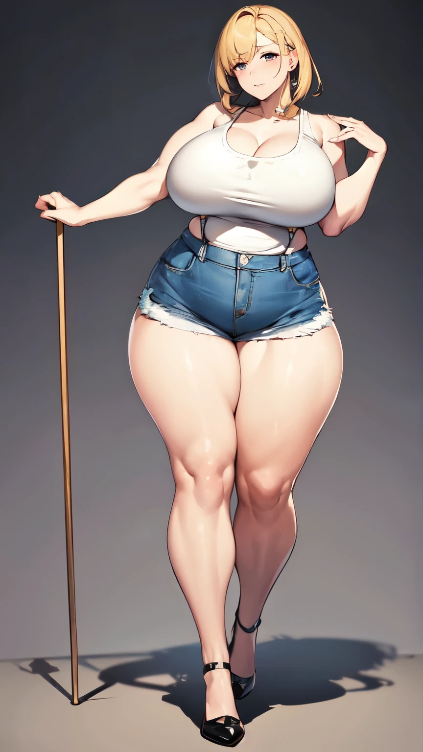huge breasts, big hips, Tank top, denim shorts, full body shot, Mature mother, Whipping the lower body, plump thighs, calf, bewitching mature woman, perfect body, plus size model,