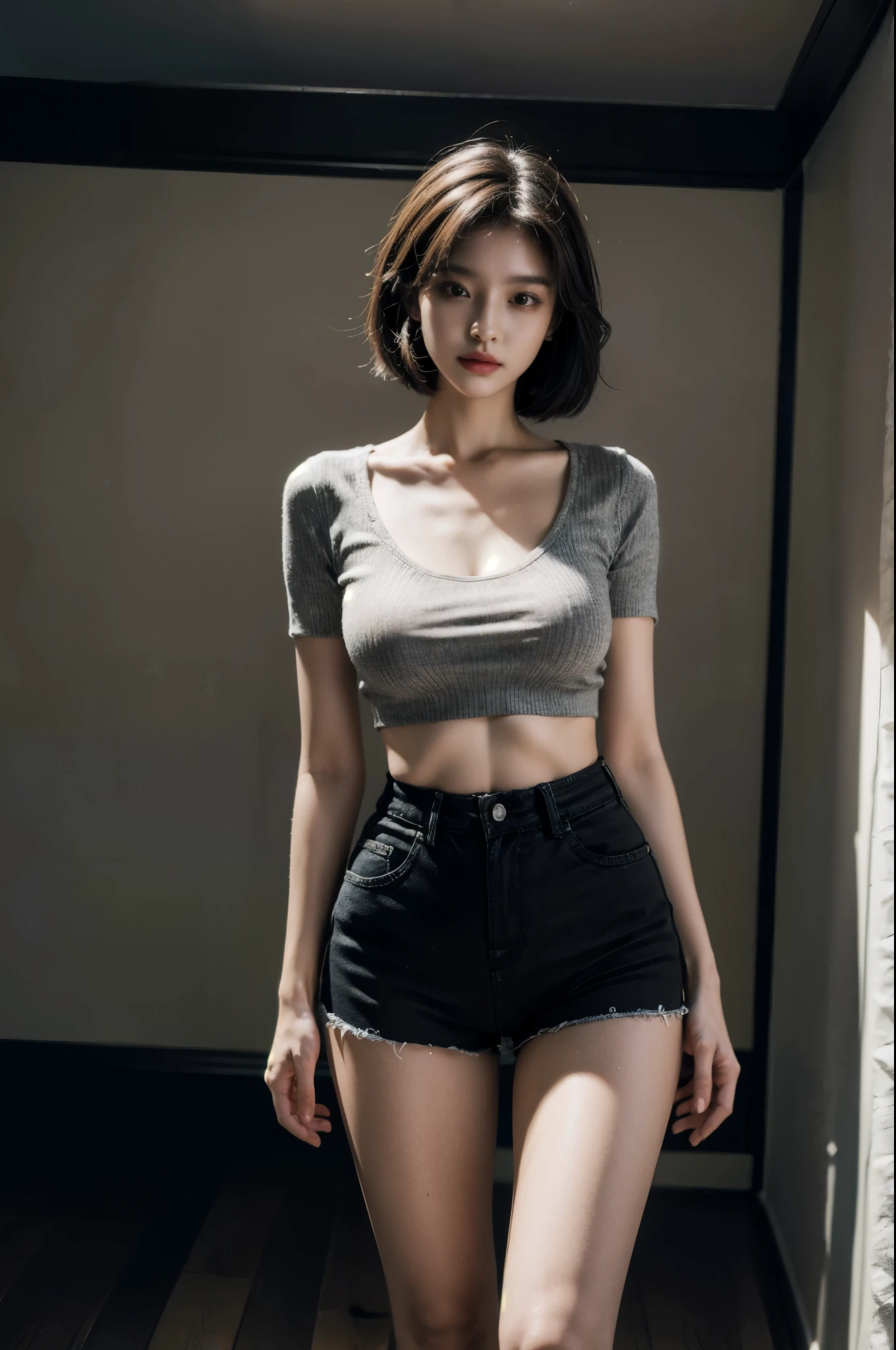 Best Quality, Masterpiece, High Resolution, 8K, (Realistic: 1.4), Ultra High Resolution, 1 Girl, Ultra Detailed, Surreal, Highly Detailed CG Illustration, Official Art, Cinematic Light, Reality, Young Beautiful Girl, Perfect Figure, Perfect Figure, Full View, Perfect Body, (Starting below: 1.3), Mask, Pose, Sexy Long Legs, Confident, Beautiful Sexy, Grey Short Sleeves, Open Abdomen, Black Super Shorts, S-shaped Body, Upturned Hips, Assuming, Posing, Different Perspectives