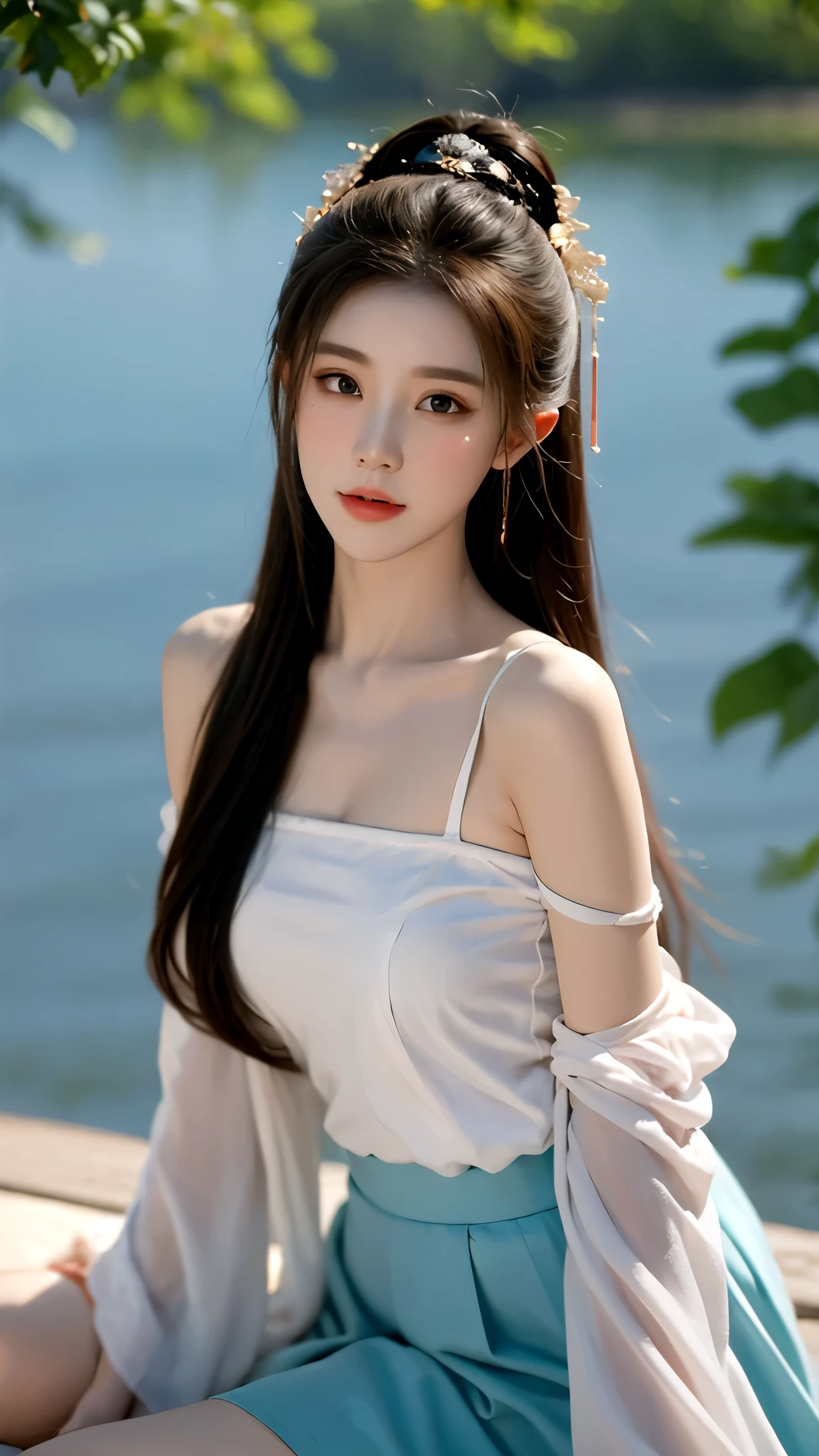 real photos,HDR backlight,Contour light,Shallow depth of field。reddish brown long straight hair,Beautiful Chinese beauties, masterpiece, best quality, extremely delicate and beautiful,high resolution, absurderes, Optimal proportions of four fingers and one thumb, in the lake with trees,sitting, highly detailed beautiful face, Cute, shy,blush, dynamic angle, from above,looking at viewer, wearing Chiffon Sleeveless Blouse skirt