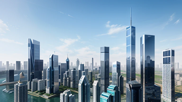 A futuristic, ultra-modern city of skyscrapers and glass-and-metal structures, with an elegant, high-tech architecture. Numerous floating digital graphics add a touch of virtual/augmented reality. Highly detailed, realistic styling.