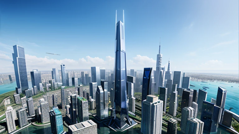 A futuristic, ultra-modern city of skyscrapers and glass-and-metal structures, with an elegant, high-tech architecture. Numerous floating digital graphics add a touch of virtual/augmented reality. Highly detailed, realistic styling.