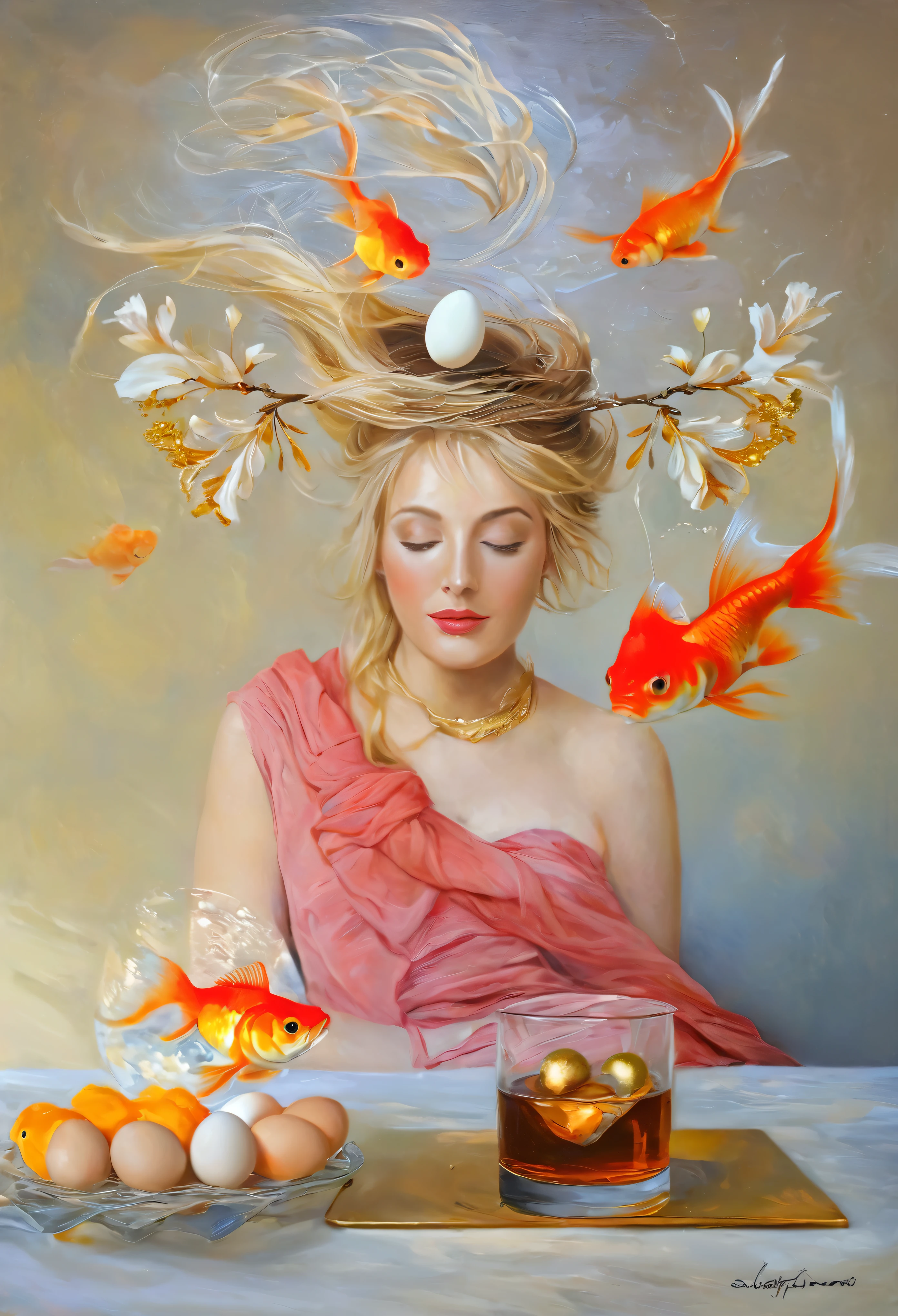 oil painting, portrait of a blonde woman with a nest with eggs and a gold fish on her head, ((the wind blows your hair1,7)), ((goldfish in the air)), magic carp, glass of whiskey on the table, Sakura Branches, (red scarf around the neck), magical realism, whimsical art;, Highly conceptual figurative art, Surrealist and fantasy art, эмоциональное Surreal art, Surrealist conceptual art, Surreal painting, hyperrealistic surrealism, Salvador Dali, Elisa Anfuso, Surreal art, whimsical surrealism, surreal digital artwork, fantasy art realistic painting, fabulous surrealism