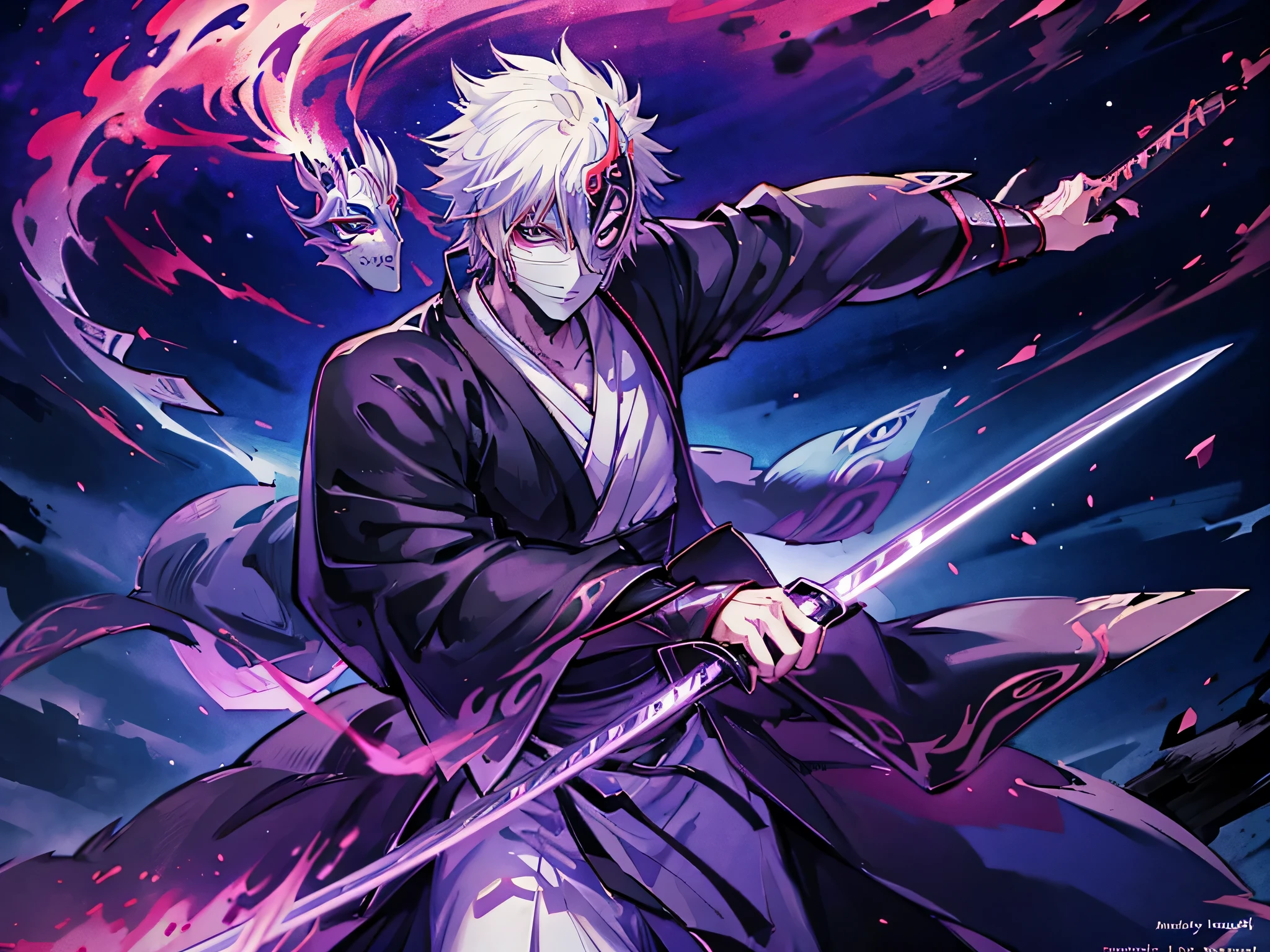 1 man, mage swordsman, beautiful eyes finely detailed, short silver hair, wearing aristocrat style outfit, casting a strong spell from his sword, (Masterpiece:1.2), (Best Quality), Detailed, UHD, Cinematic Lighting, sharp focus, (illustration:1.1), intricate, 8k CG, perfect artwork, (half body:0.6), detailed background, witch, magical atmosphere, colorful glowing magic spell in the air, swirling portal, dark magic, (style-swirlmagic:0.8), floating particles, dark sinister forest background, updraft, backlighting, katana sword, samurai, blue flare dragon, bankai, (((hollow mask))), 