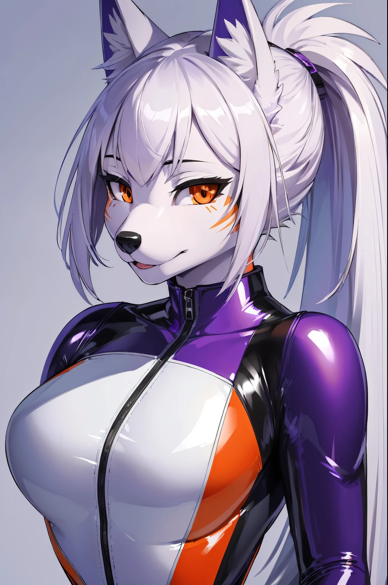 (Masterpiece, Best Quality, Highres:1.4), Detailed, Intricate Details, 4K, 1girl, (beautiful anthro wolf girl, purple fur), white ponytail, orange eyes, latex bodysuit racing suit sporty, simple background, best quality