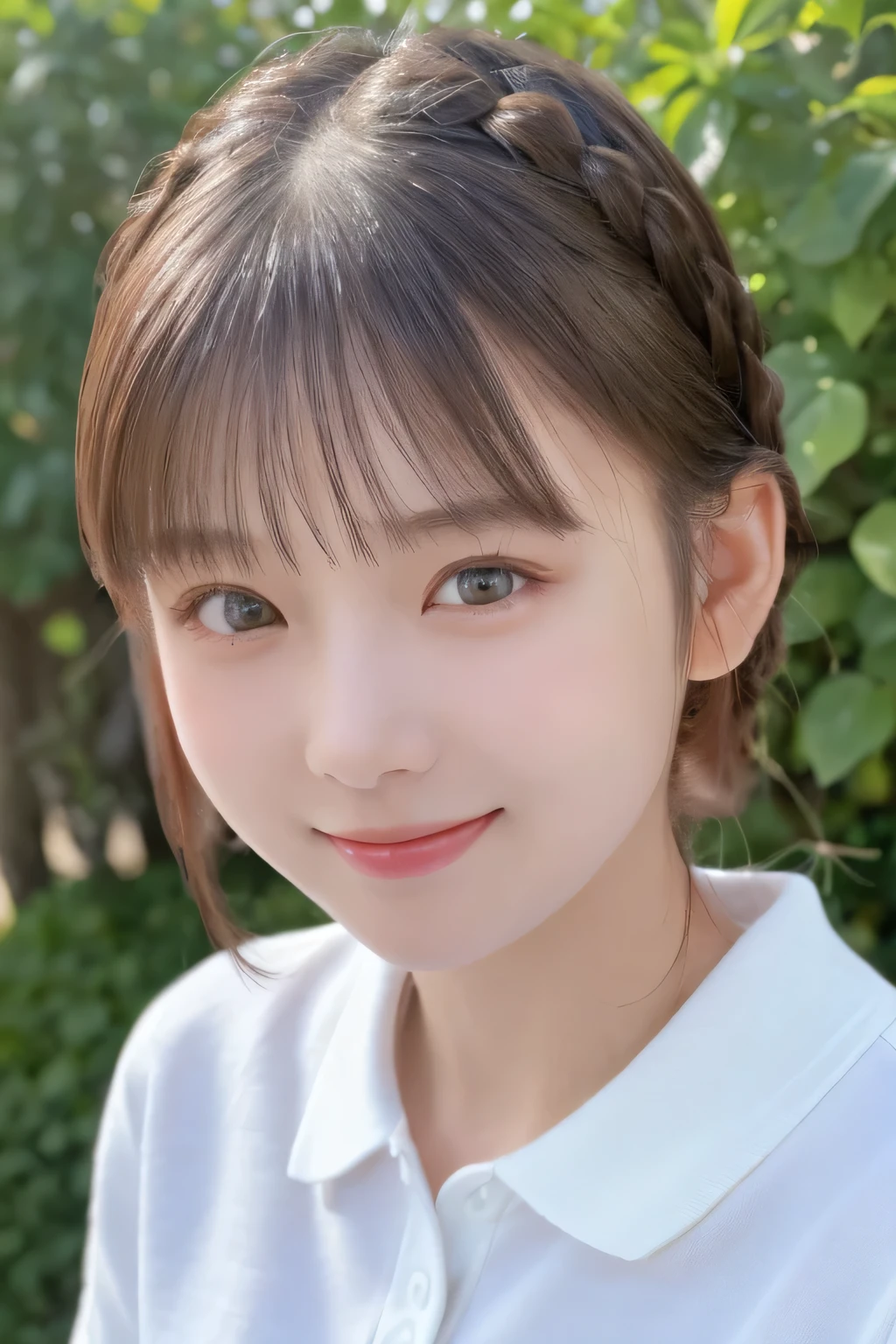 (8K、masterpiece, highest quality, High resolution,super resolution,Super detailed)、1 girl、(************)、round face、slim、(flat body:1.45)、cute、 (close up face shot:1.23)、Polo shirt、French Braid、half smile