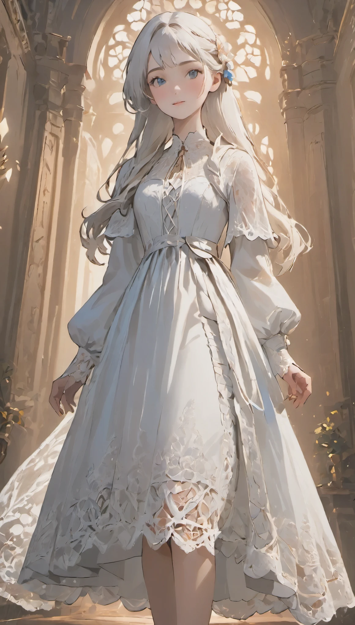 female adventurer, full body, Game Art Style, (masterpiece),  highest quality, High resolution, 4k, 8K, Detail view, intricate details, cinematic lighting, amazing quality, 1 girl、Elegant white lace style dress、Detailed and artistic lace white line dress、pretty dress、Super Luxury Dresses、beautiful white hair, great shading, soft lighting, Face-to-face camera, perfect eyes