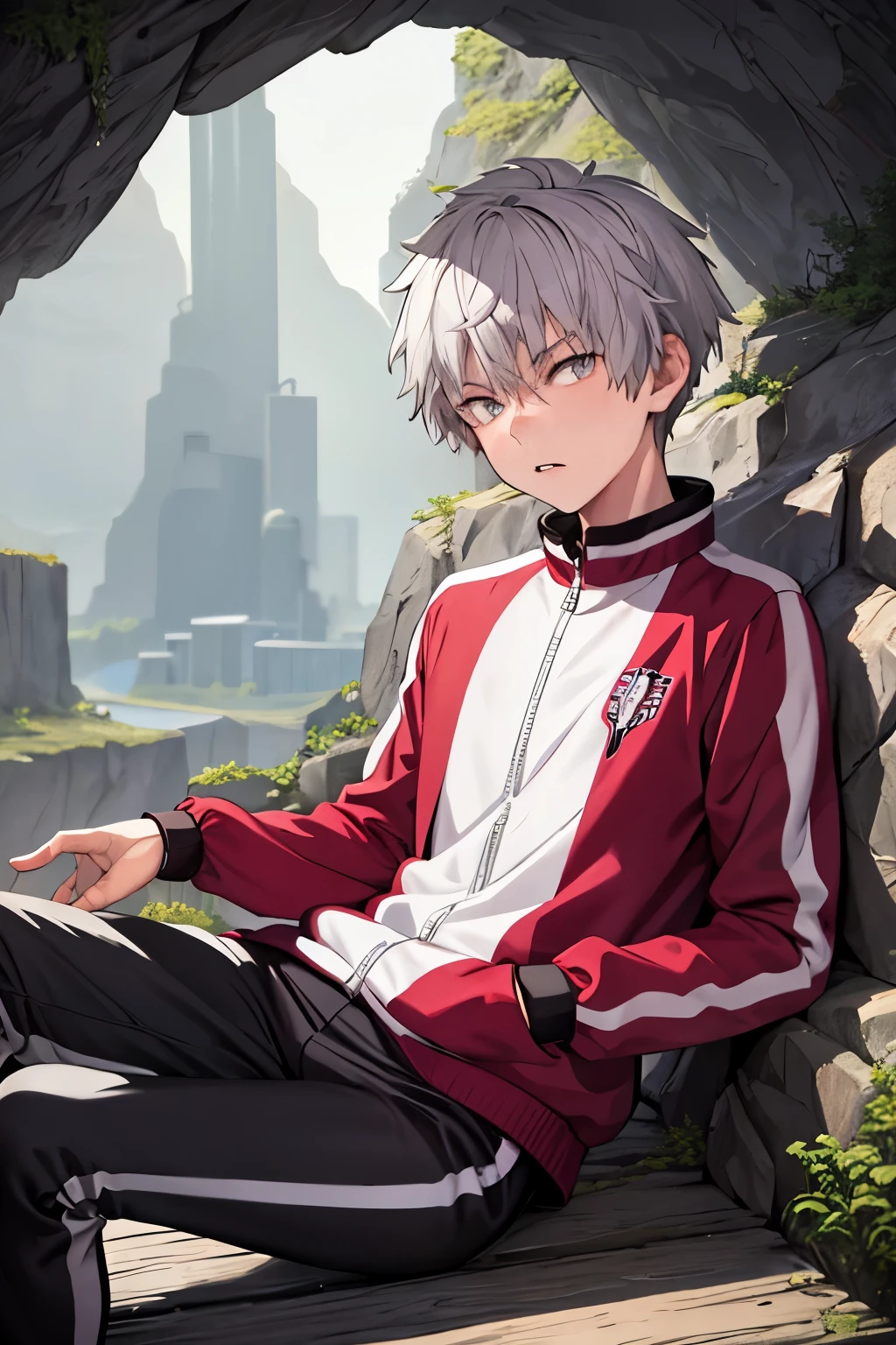 masterpiece, best quality, Sit down,In the cave,high quality, 1boy, solo, male focus, looking at viewer,shiki_tademaru, , grey hair, grey eyes, red track suit