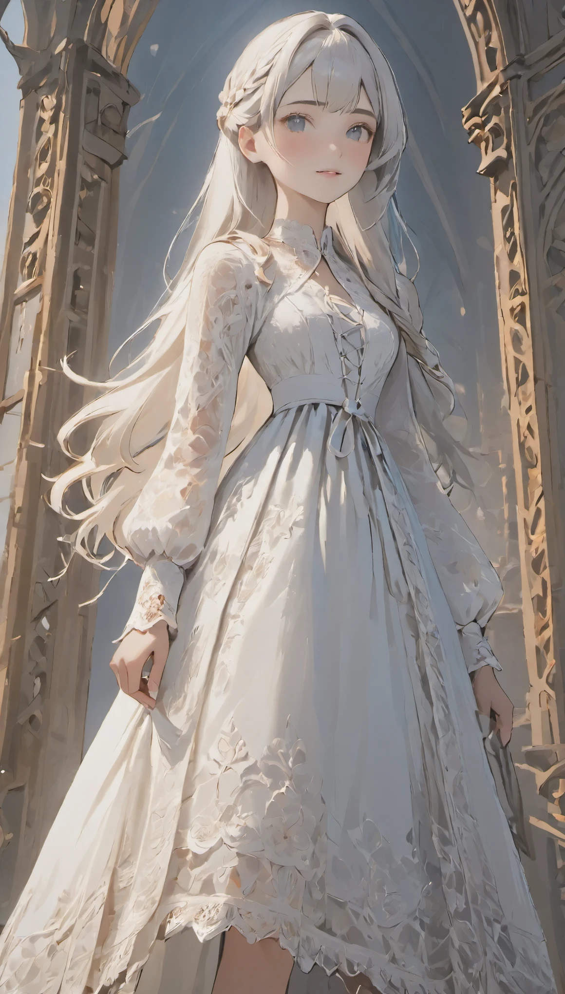 female adventurer, full body, Game Art Style, (masterpiece),  highest quality, High resolution, 4k, 8K, Detail view, intricate details, cinematic lighting, amazing quality, 1 girl、Elegant white lace style dress、Detailed and artistic lace white line dress、pretty dress、Super Luxury Dresses、beautiful white hair, great shading, soft lighting, Face-to-face camera, perfect eyes