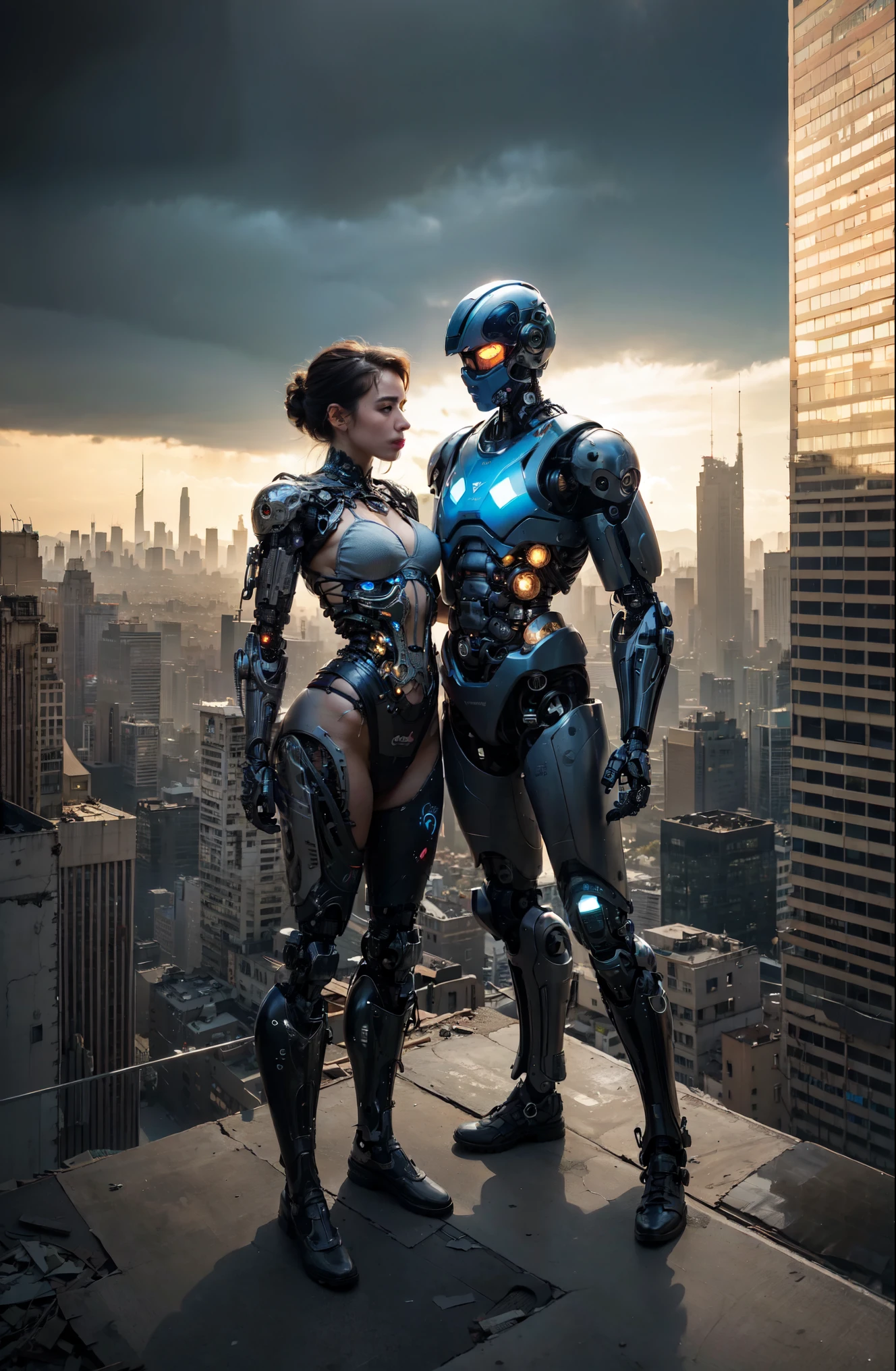 Sexual relationship between a male cyborg and a female cyborg on the roof of a skyscraper, high quality, best quality, absurdres, masterpiece, beautiful, intricate details, 1/2 body crop, slim body, beautiful figure, magnificent anatomy, (intricate details:1.12), HDR, (intricate details, hyper-detailing:1.15), (natural skin textures, hyper realisitc, soft light, Sharp:1.2), a big city in ruins, post apocalyps