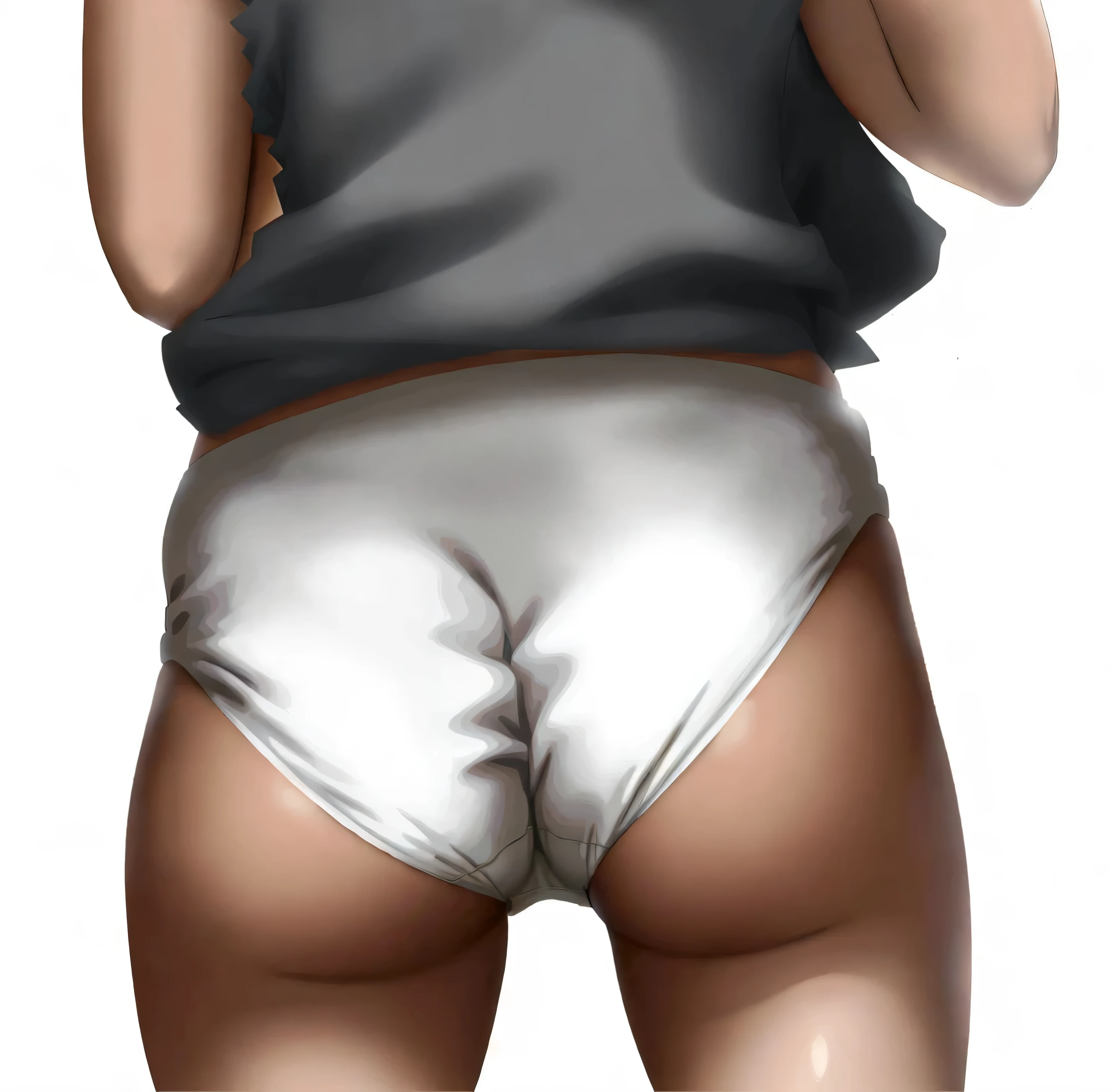 ((masterpiece, best quality)), ((33 year old)), (((Curvy))), ((Black woman)), in ((white fullback cotton panties)), beige shirt, ((Large hips)), cropped shot, ((((anime art style))))