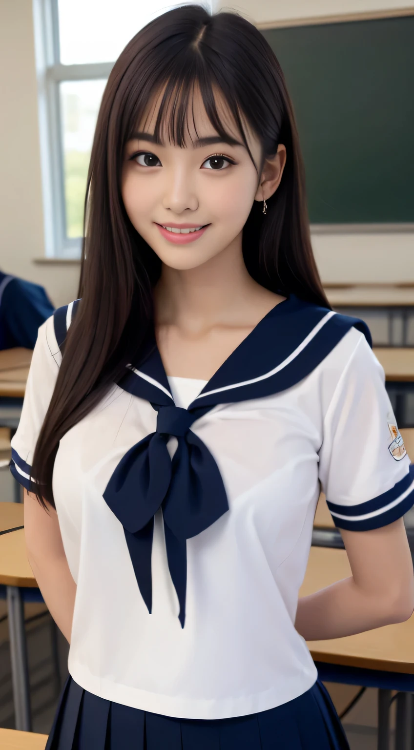 8k, highest quality, real image, intricate details, Super detailed, ultra high resolution, depth field,(realistic,realistic:1.2), (small breasts:1.2), 1 Japanese girl, very beautiful girl, (beautiful breasts:1.5, highly detailed eyes:1.2), (beautiful breasts:1.1), bangs, perfect skin, Fair skin, tight waist, alone, looking at the viewer, black hair, hair behind the ear, shoulder hair, long hair, no makeup、In a high school classroom, During class, light smile, (high school sailor suit:1.2), navy pleated skirt