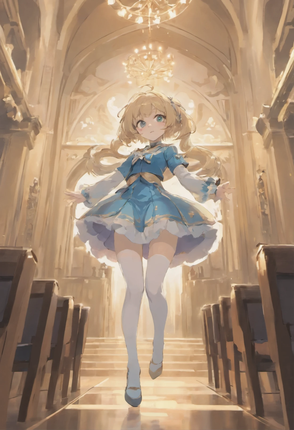 expensiveest quality, full body portrait, delicate face, cute face, 17 year old female, slim body shape, small bust, expensive ,double skirt suit, (((white knee expensive stockings))),Soft light on the face,In the majestic library hall