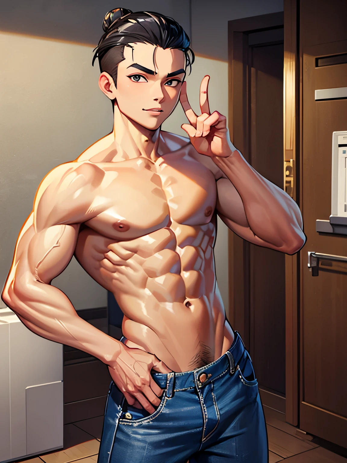 14 years old cute Asian boy, eight-pack abs teen, bodybuilder body, shirtless jeans pants, unique bun hair slicked back 