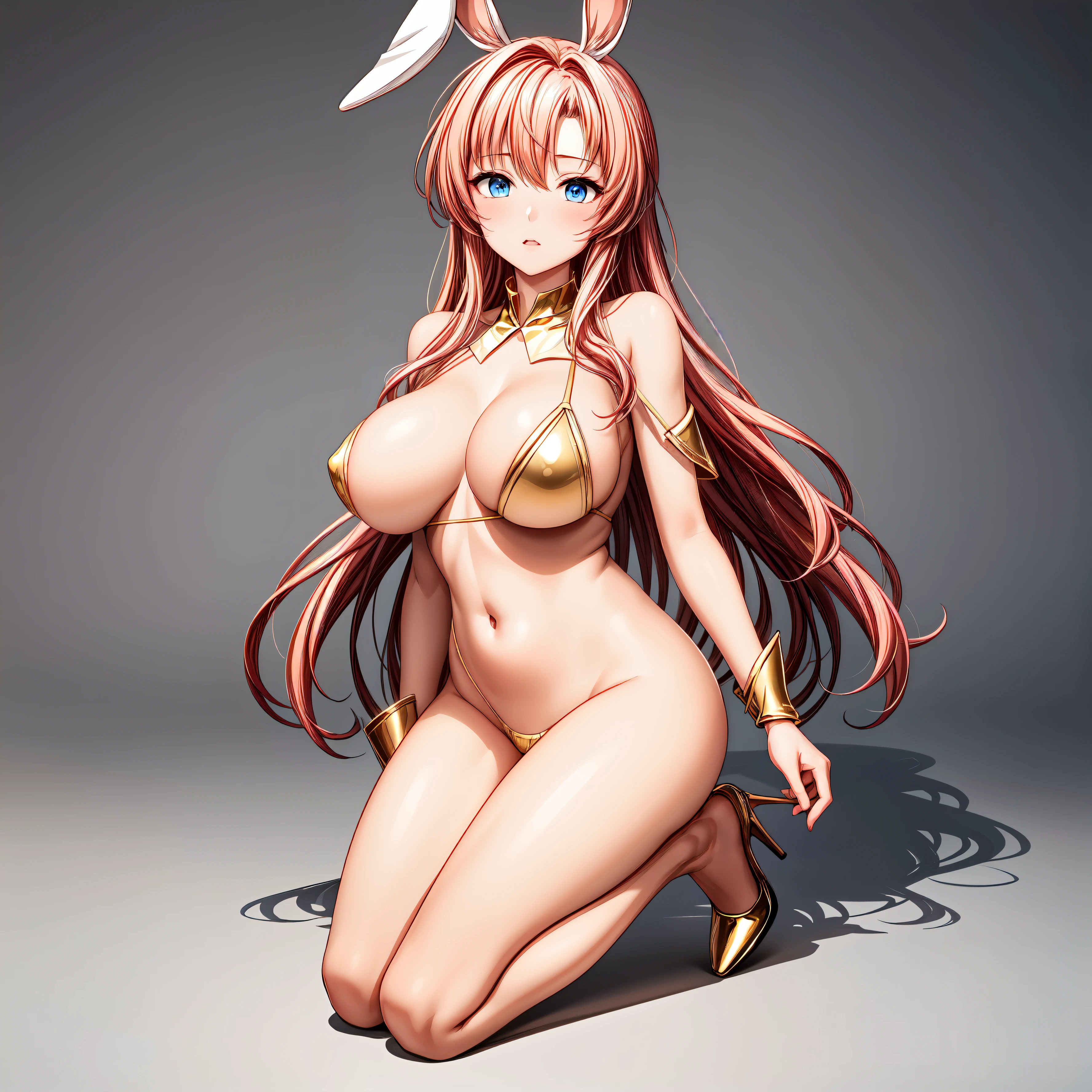 masterpiece, highest quality,beautiful eyes, beautiful hair, beautiful face, beautiful skin, solo, 1 girl, anime girl, curvy, beautiful breasts,shiny skin,shining eyes, smooth skin, glowing skin, soft skin, glowing skin, bare legs, high heels, embarrassed, fake rabbit ears, full body, (golden micro bikini armor), (bare neck:1.3), (bare shoulder:1.3), (bare collarbone:1.3),